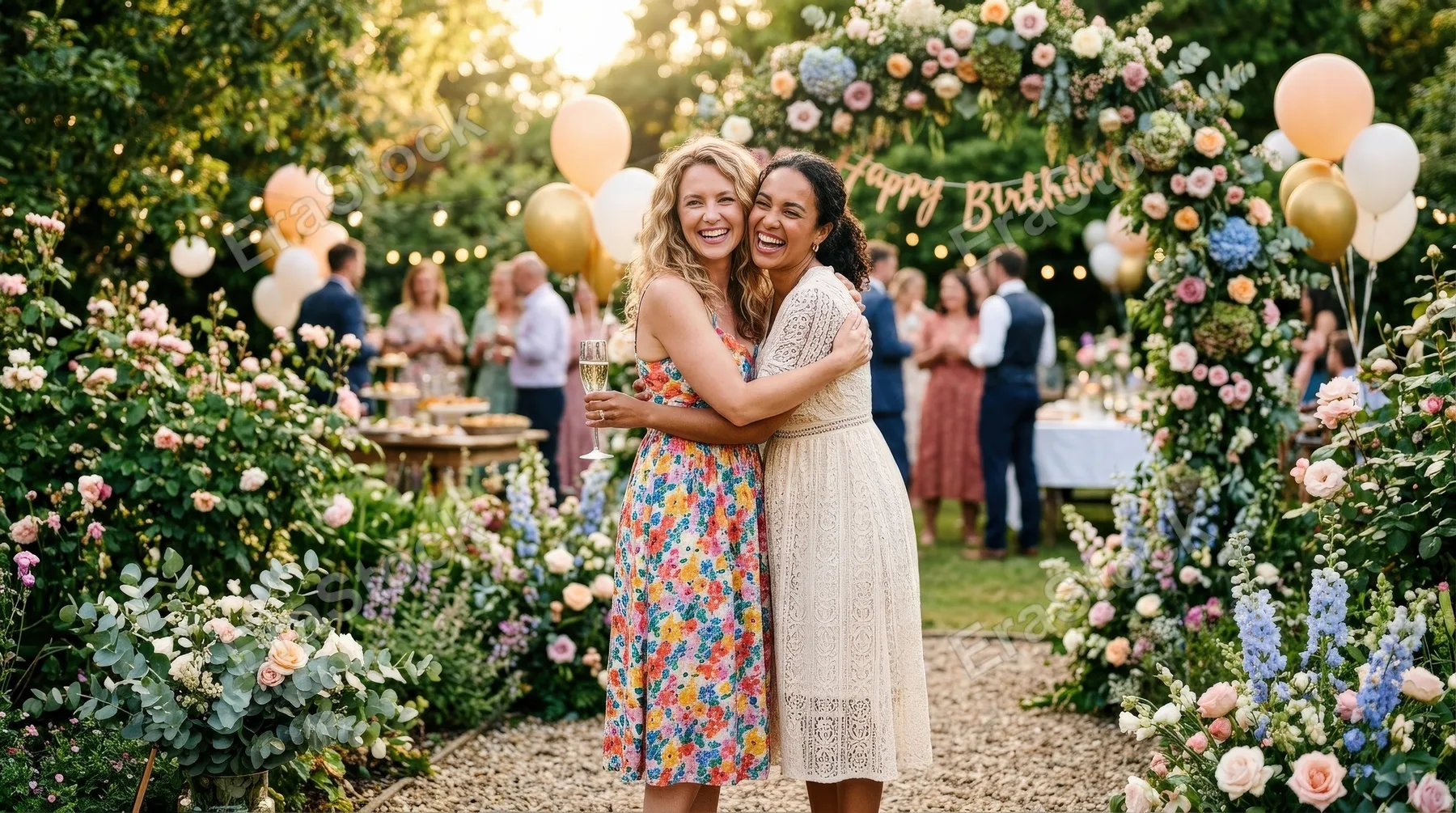 Two women greeting each other during a birthday party in a garden, floral decorations, soft sunlight and warm affectionate celebration, ultra-realistic, no logos.