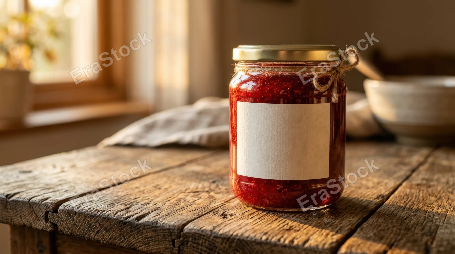 in an intimate detail shot, the focus is on the blank-label strawberry jam jar resting on the weathered wood table, its texture highlighted as rays of golden hour side