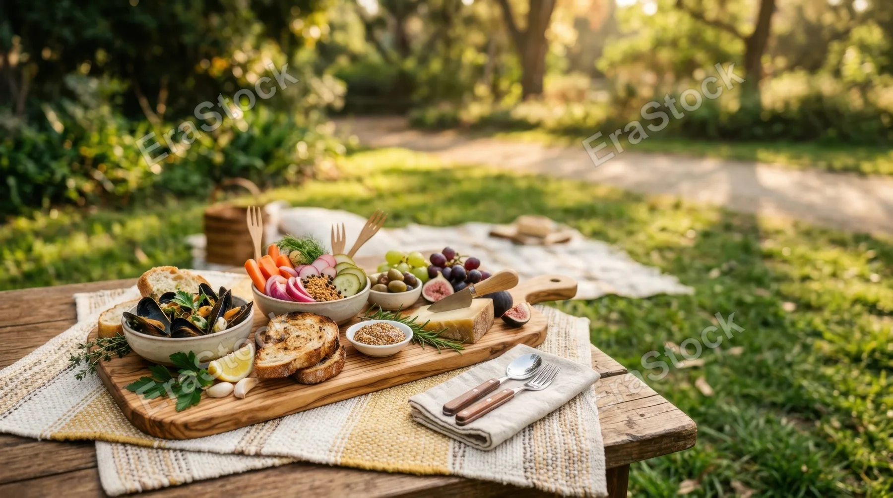 a graphic commercial composition of the elegantly arranged picnic board featuring pickled vegetables and mussels, with generous negative space around the setup for text