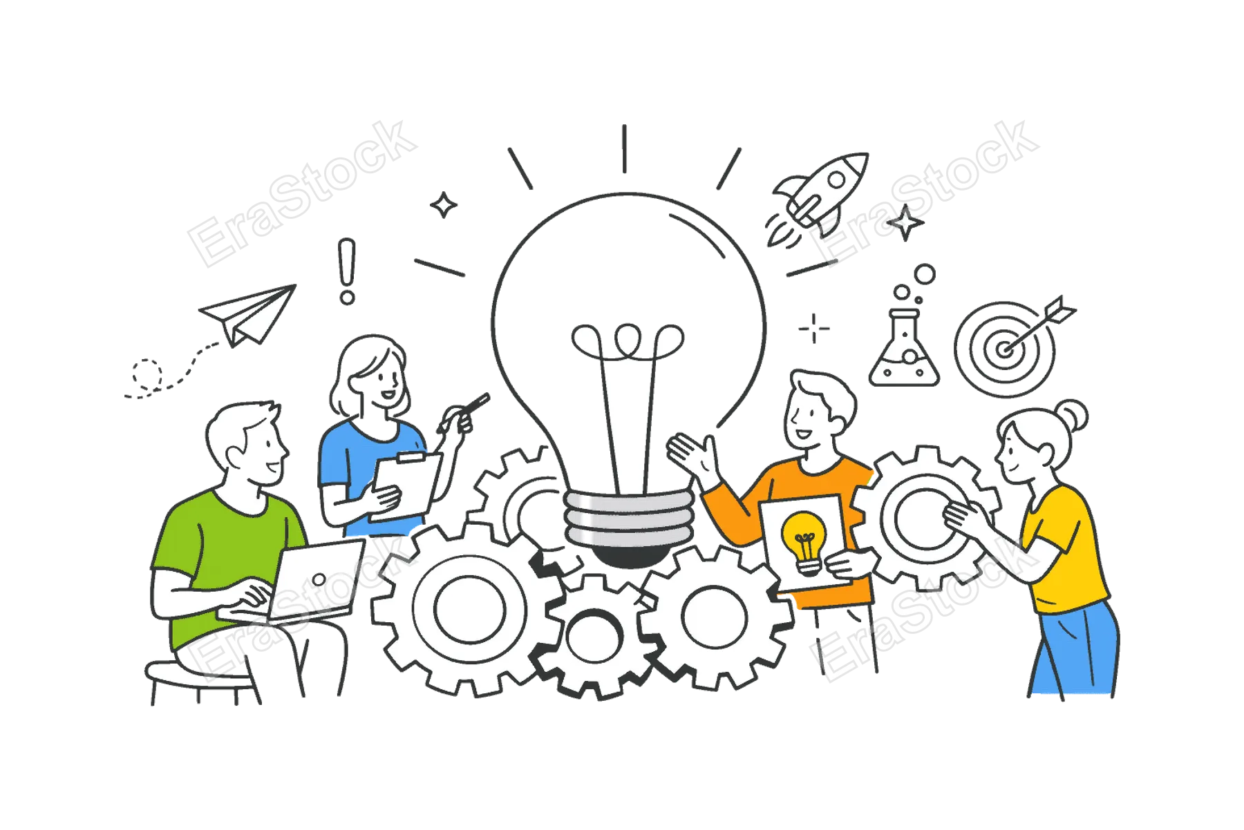 Creative problem solving in an innovation context where new ideas are developed and tested collaboratively, depicted by a simple gear mechanism combined with a light bulb
