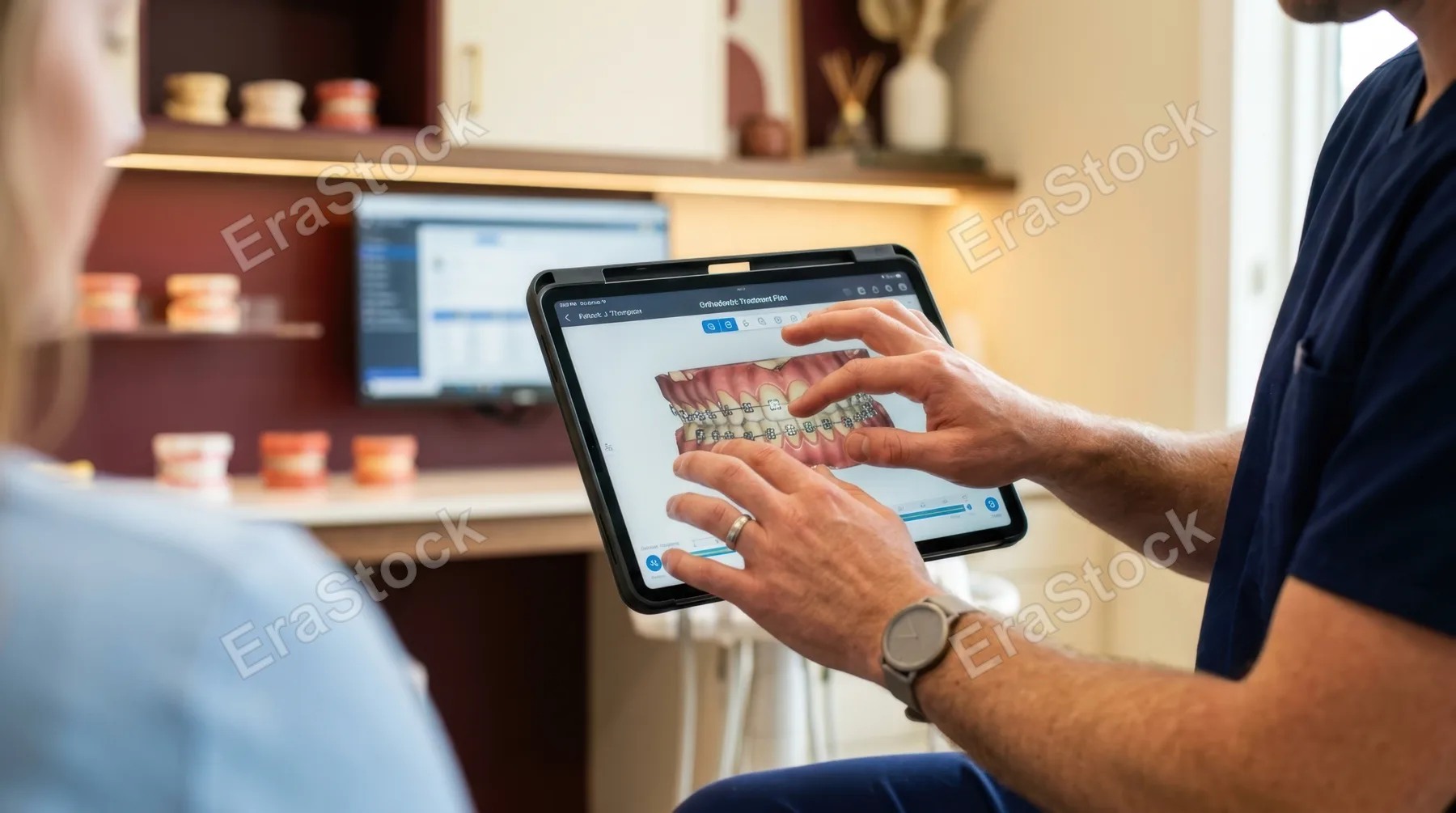 a 31-year-old white male orthodontist's hands deftly navigate a digital tablet showcasing 3d scans during a braces consultation, the contemporary dental office's warm