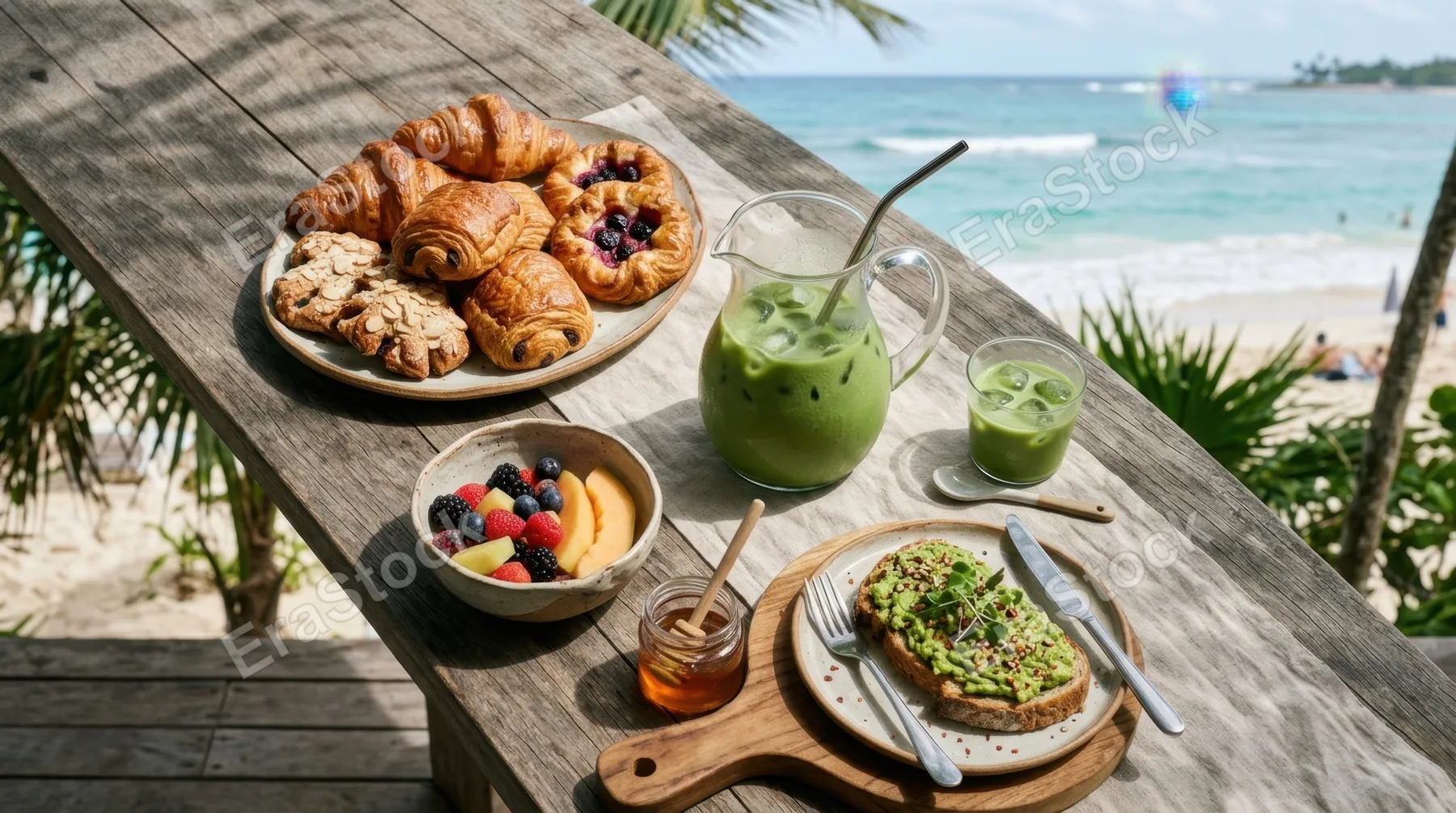 a diagonal crop capturing an overhead view of the outdoor brunch table with pastries and a pitcher of iced matcha, emphasizing the symmetry and balanced layout. the