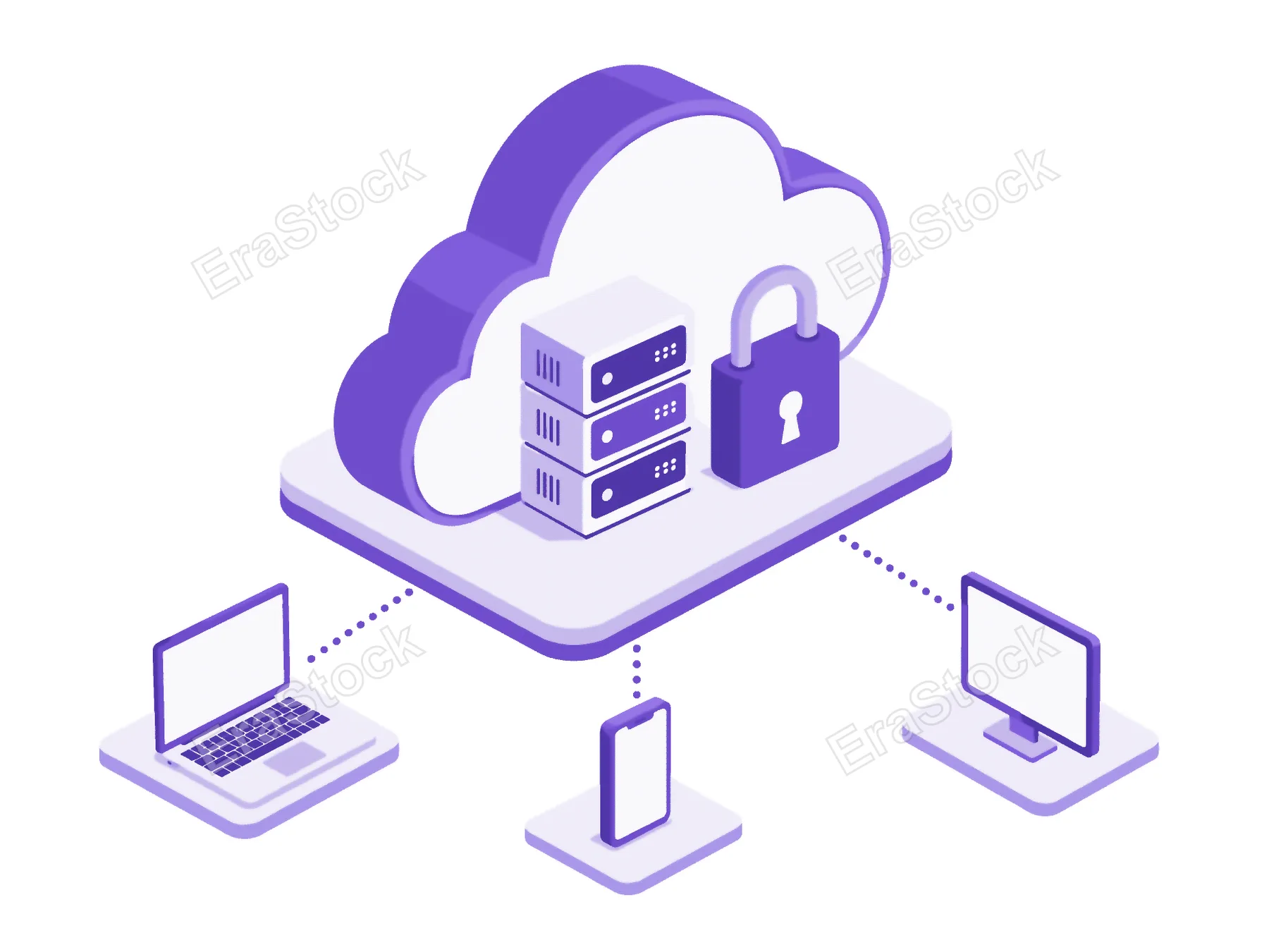 Illustration of a secure cloud network infrastructure showing servers, a padlock, and devices like laptops and smartphones connected to the cloud