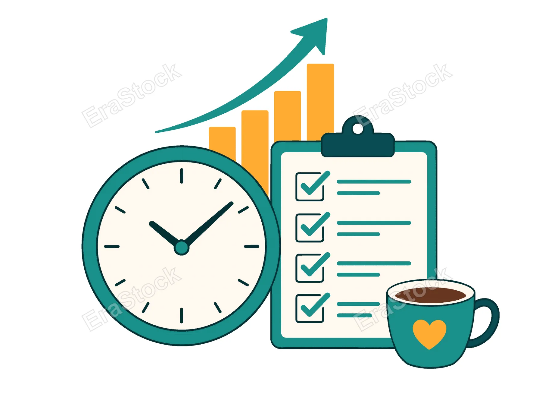 Illustration symbolizing effective time management, task completion, and business growth with a clock, checklist, and upward trending graph
