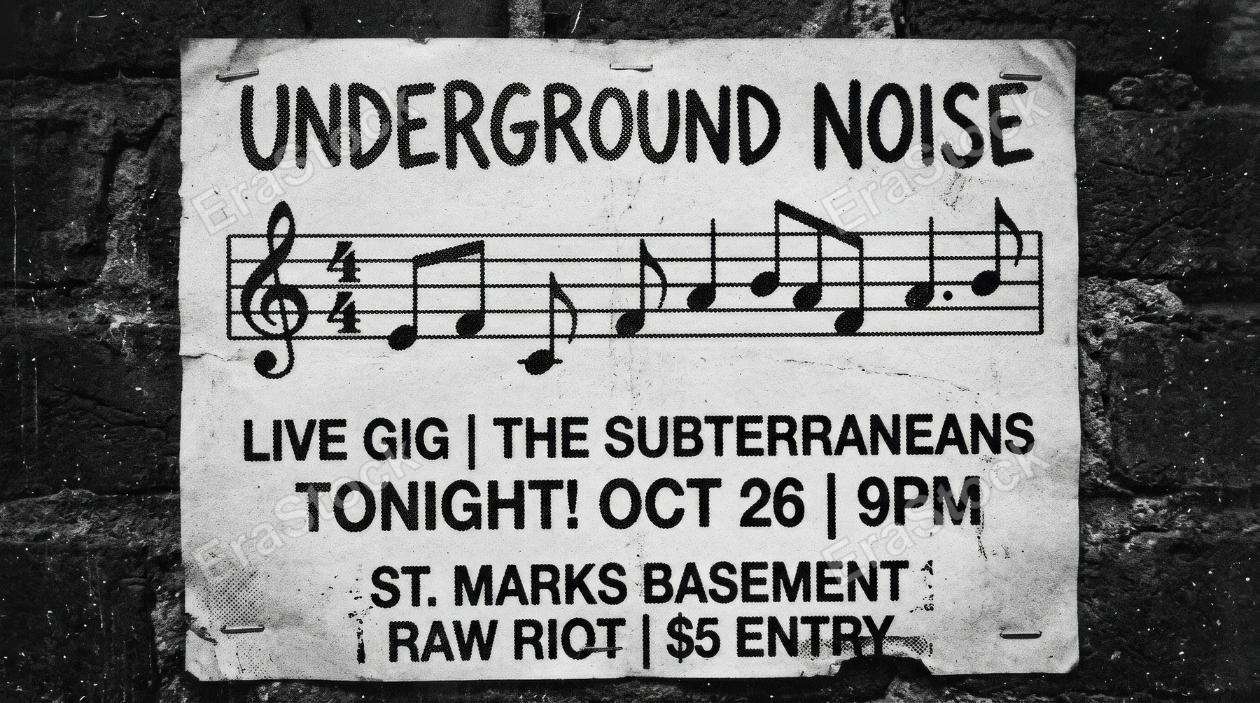 Simple music notes in black halftone photocopy style, gritty retro grain and a raw underground concert-poster mood, ultra-realistic, no logos.