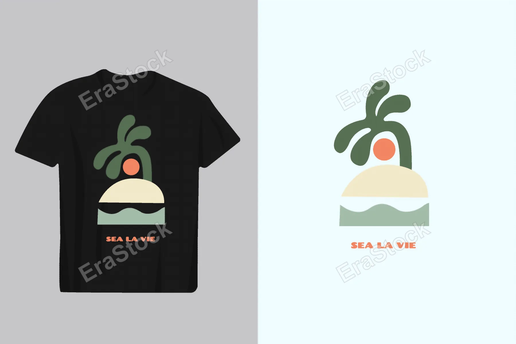 Minimalist design featuring a stylized palm tree, sun, and ocean waves on a t-shirt mockup and isolated graphic