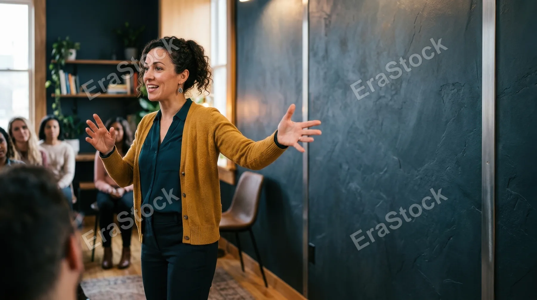 a graphic composition focusing on the teacher passionately gesturing towards the audience in the cozy room, with ample negative space on the right for text overlay. the