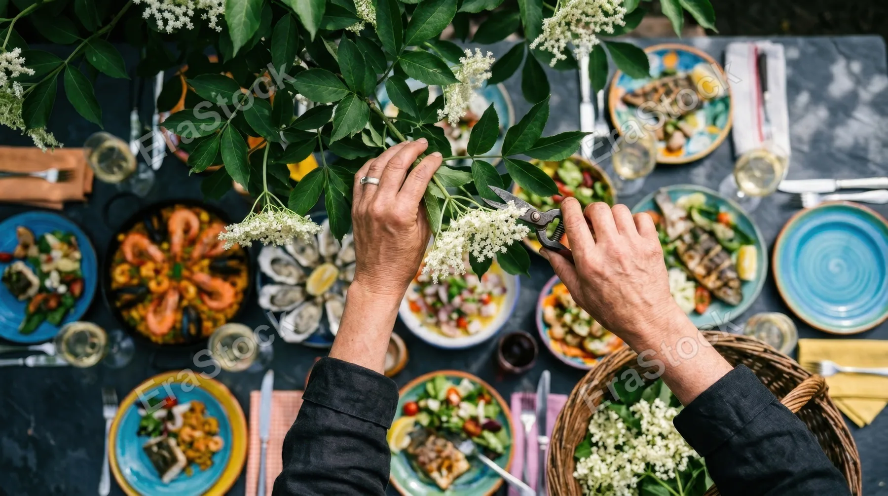 an overhead angle of hands harvesting elderflowers, framed against the vibrant backdrop of a blurred array of colorful seafood dishes on a slate surface. the scene