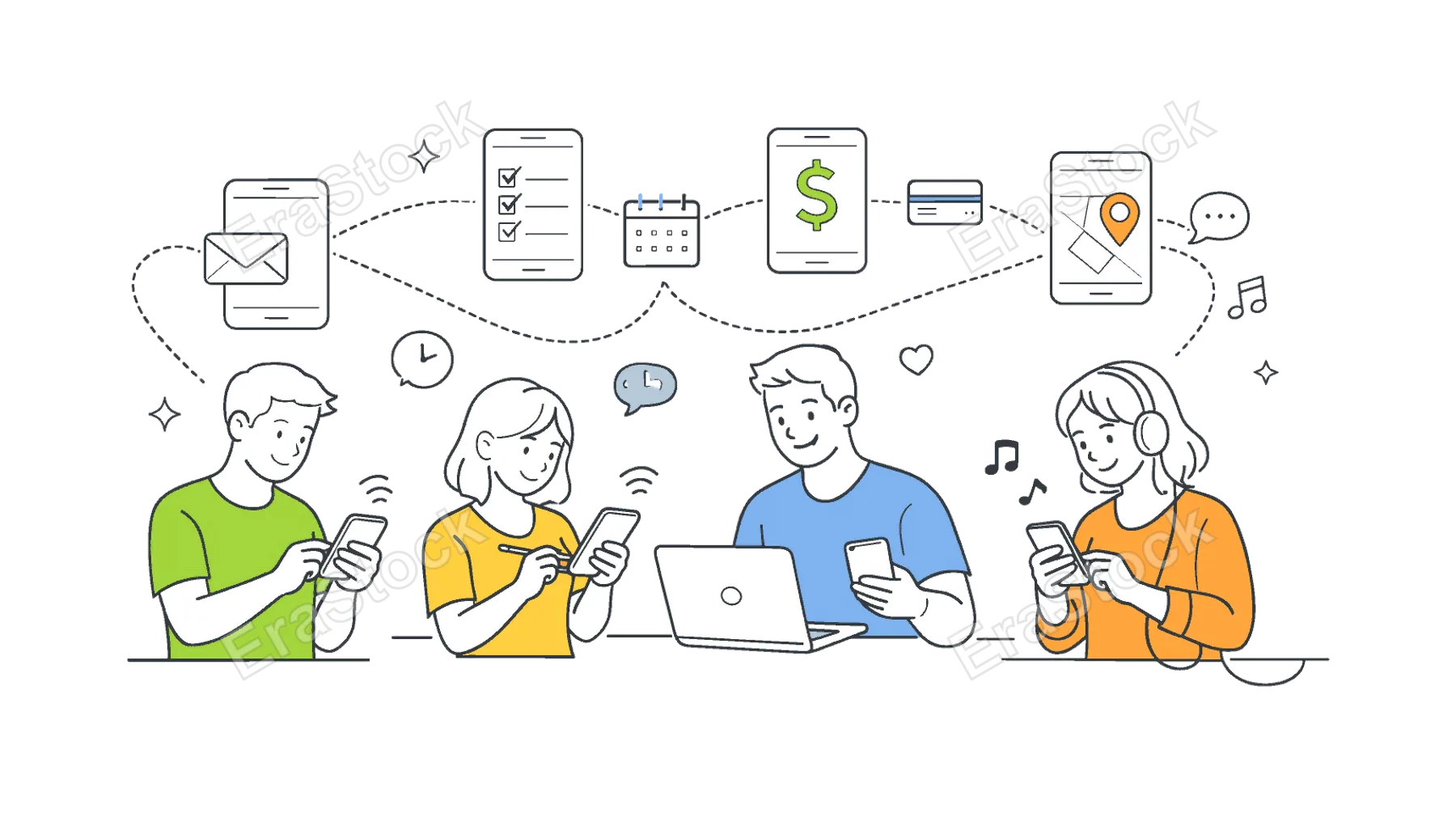 Group of people using smartphones in everyday life to manage tasks, communicate, and access digital services across different contexts, illustrated through a clear