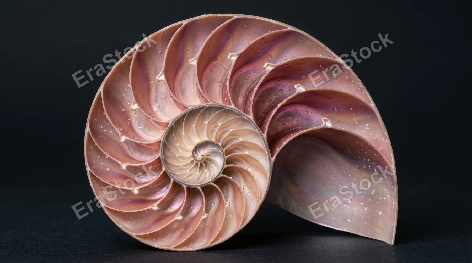 A giant nautilus shell cut precisely in half to reveal its perfect logarithmic spiral chambers, each chamber reflecting iridescent pearl tones in a gradient from cream to