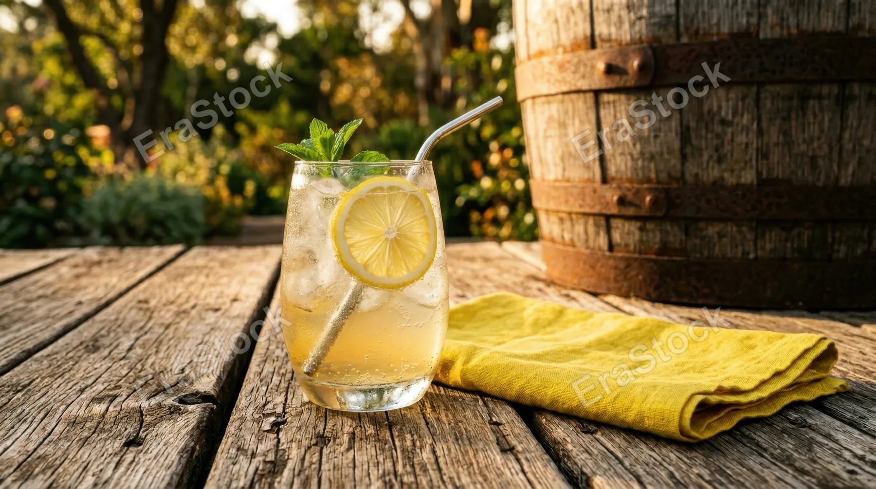 a close-up detail shot of a clear glass filled with a refreshing beverage, positioned elegantly on a rustic wooden deck. the bright citrus yellow linen napkin adds a pop