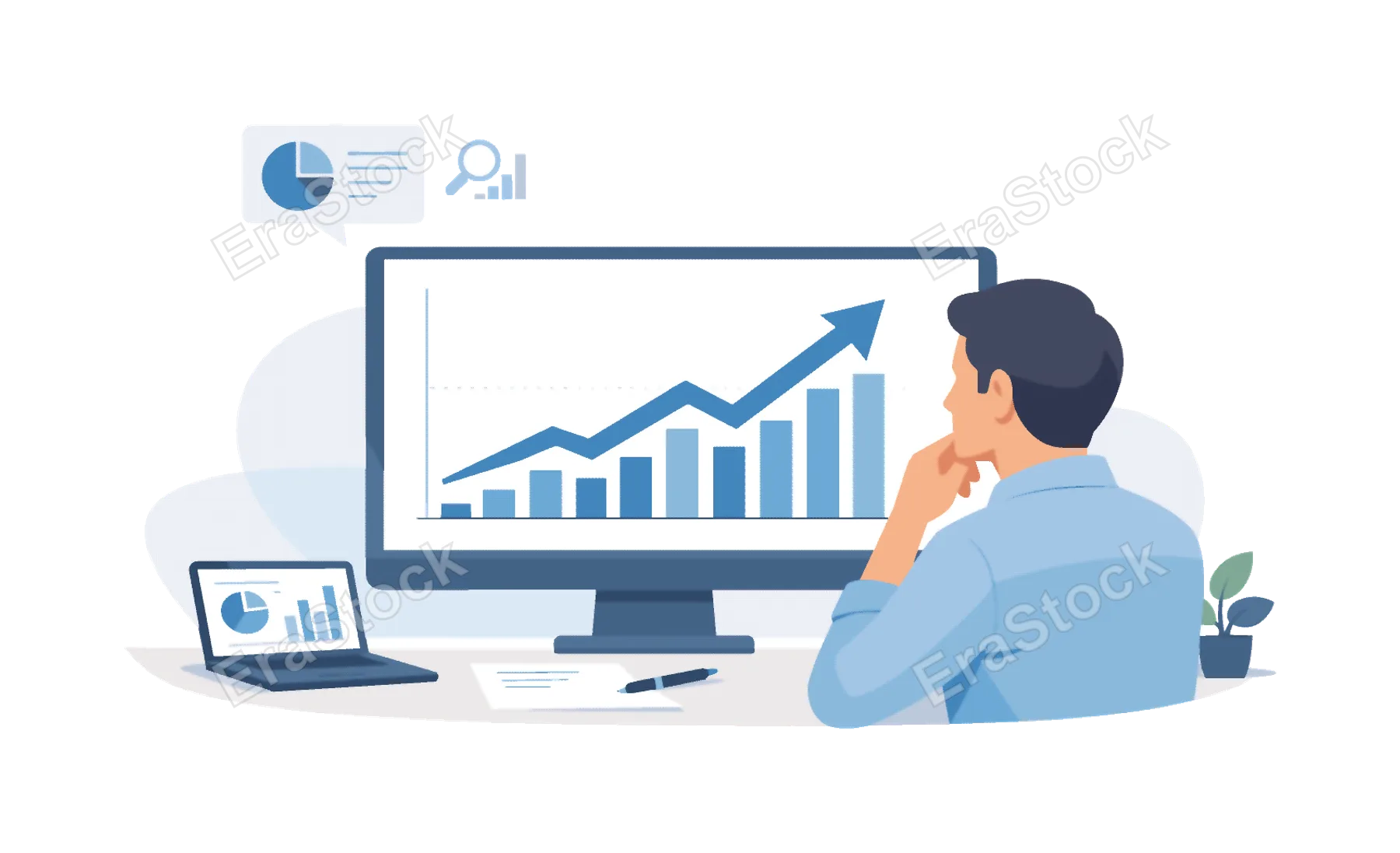 A data analyst interpreting information to support business decisions in a modern workspace, represented by a person observing a simple chart with an upward trend on a