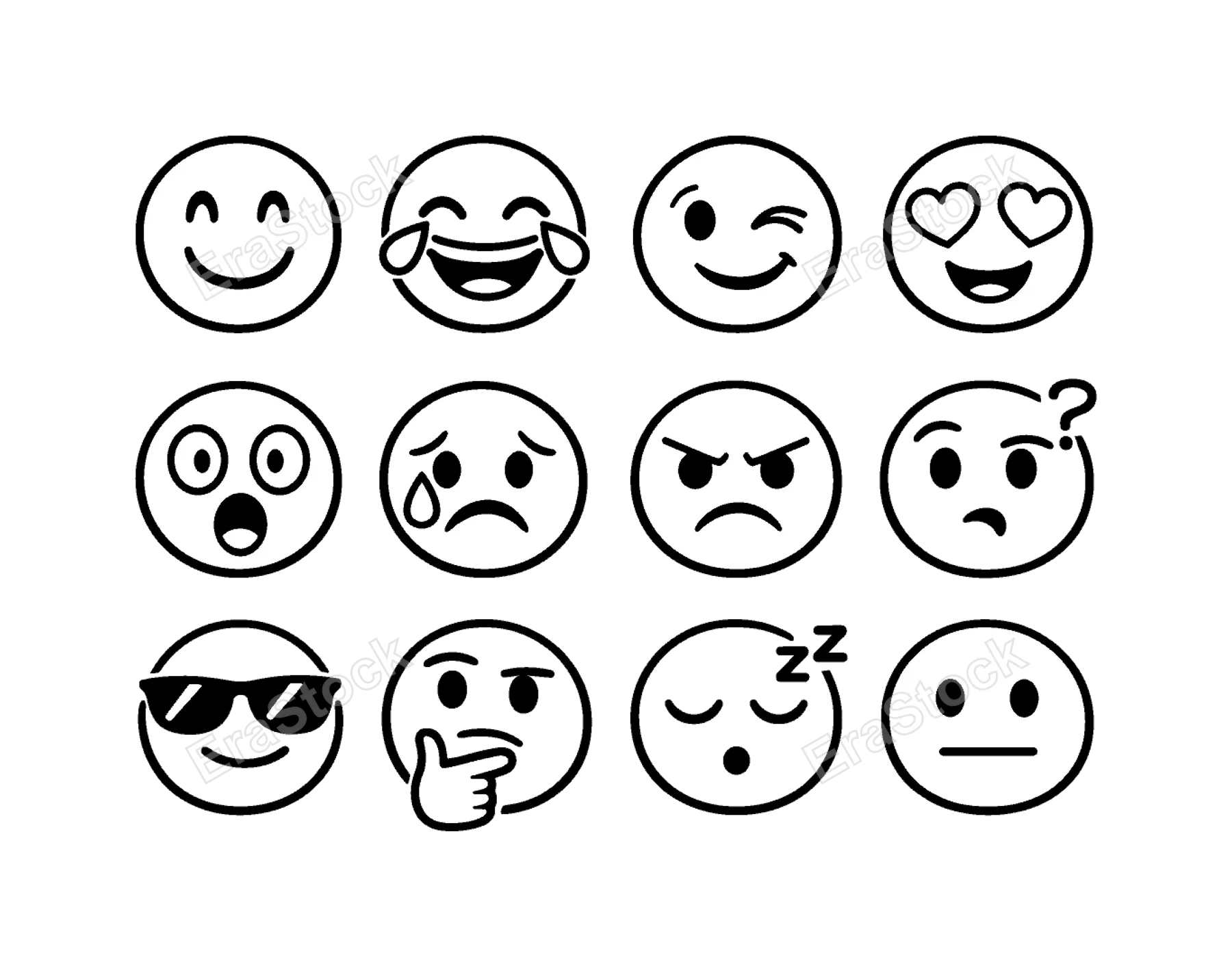 Chat reaction emotions: happy smiling face, laughing face with tears, wink face with smile, love face with hearts, shocked face wide eyes, crying face with tear drop, angry face