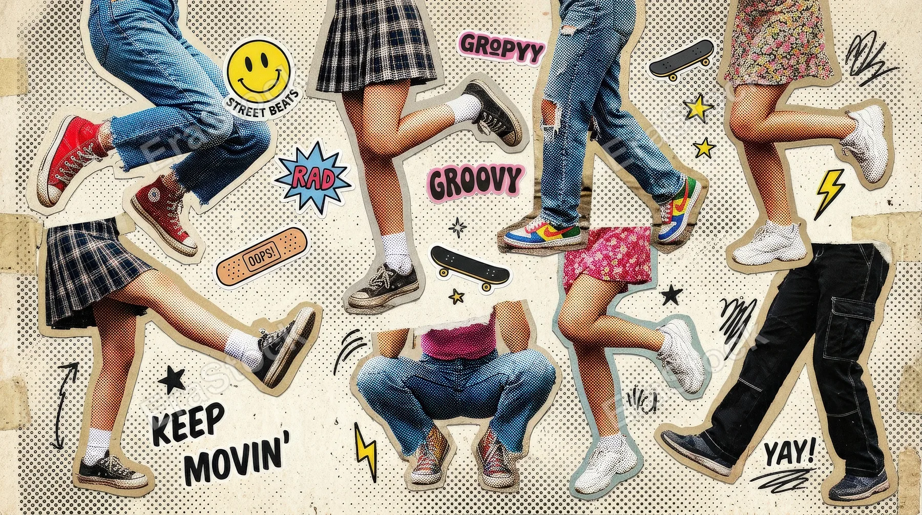 A halftone collage set of legs in jeans, skirts and sneakers, playful cutout poses, paper clipping edges, funny stickers and vintage dot texture, youthful street-style energy, ultra-realistic, no