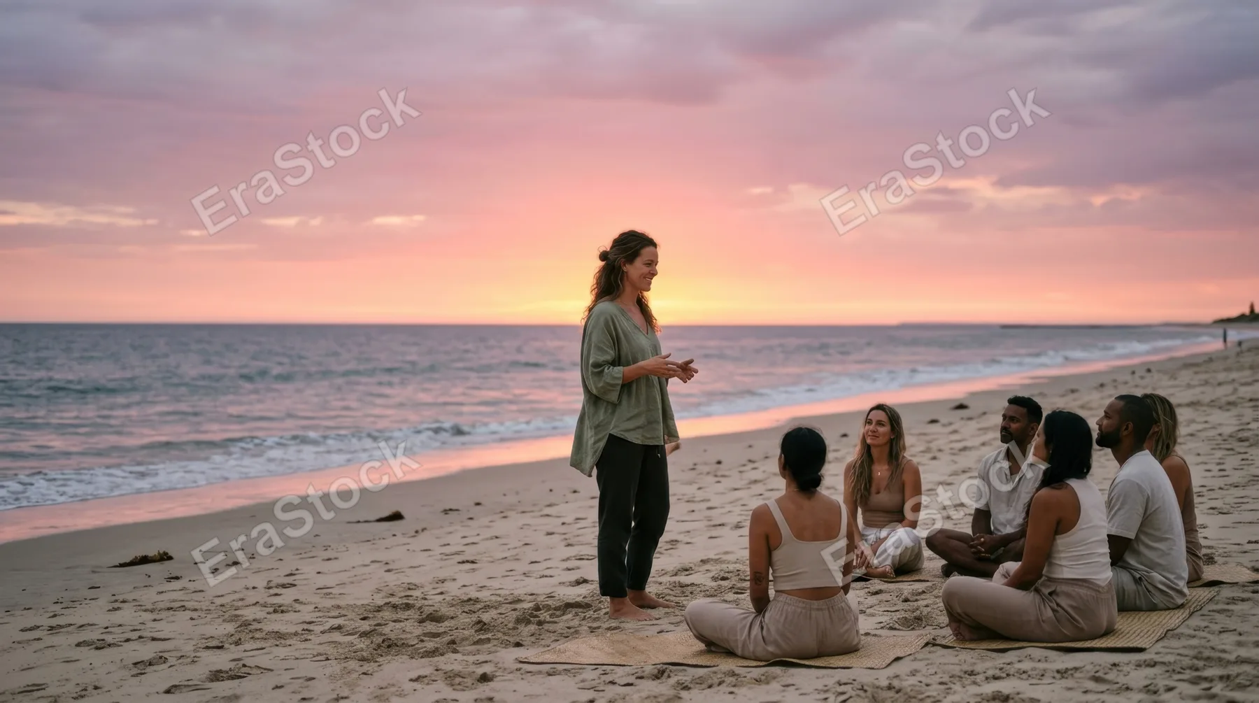a graphic composition of the wellness advocate leading the beach reflection, emphasized with negative space around her for potential text overlay. the warm sunset light