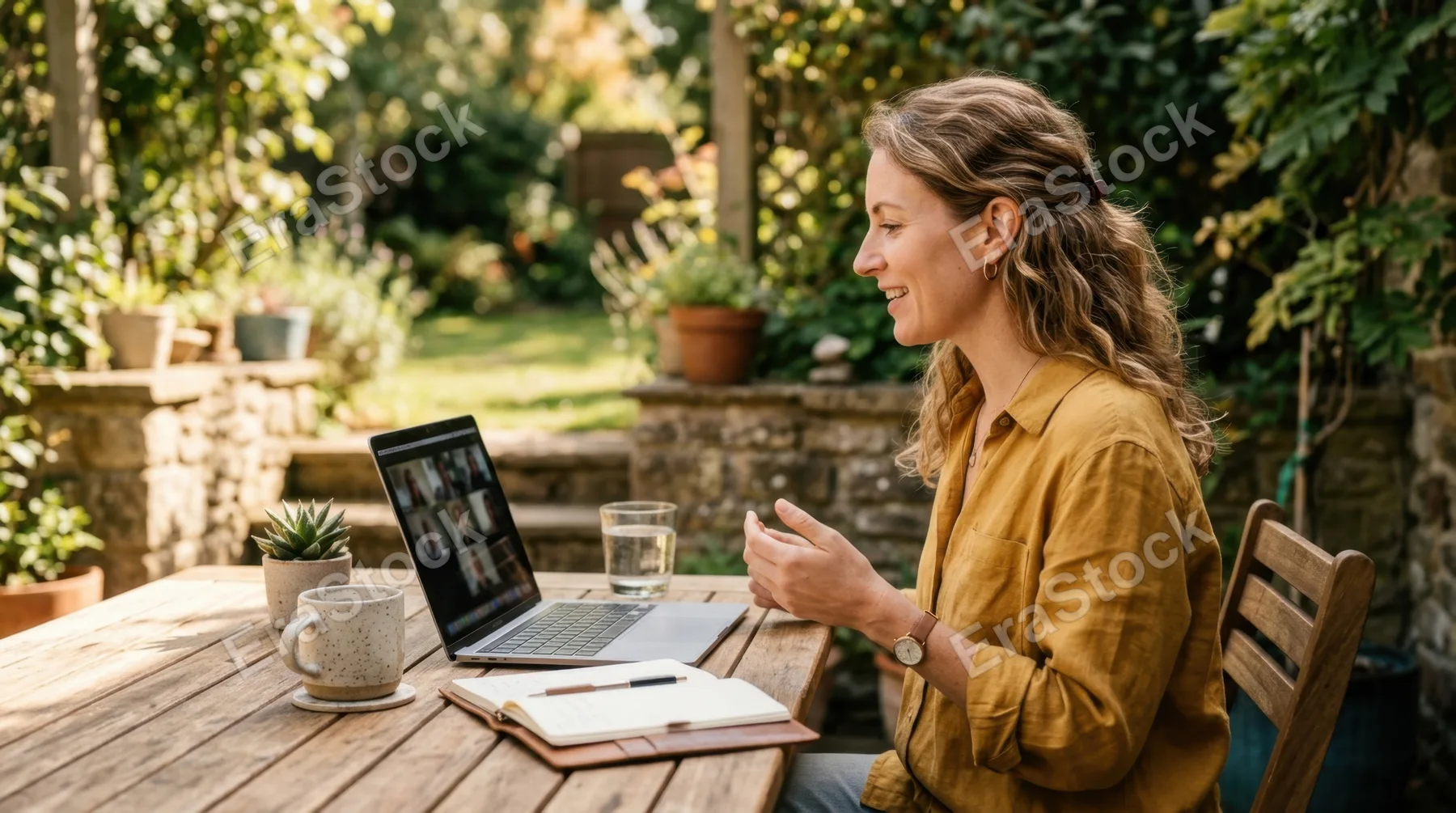 a distinct side profile view of a 35-year-old caucasian female remote worker in a sunlit outdoor setting, engaged in a video call on her laptop. the natural wood table is
