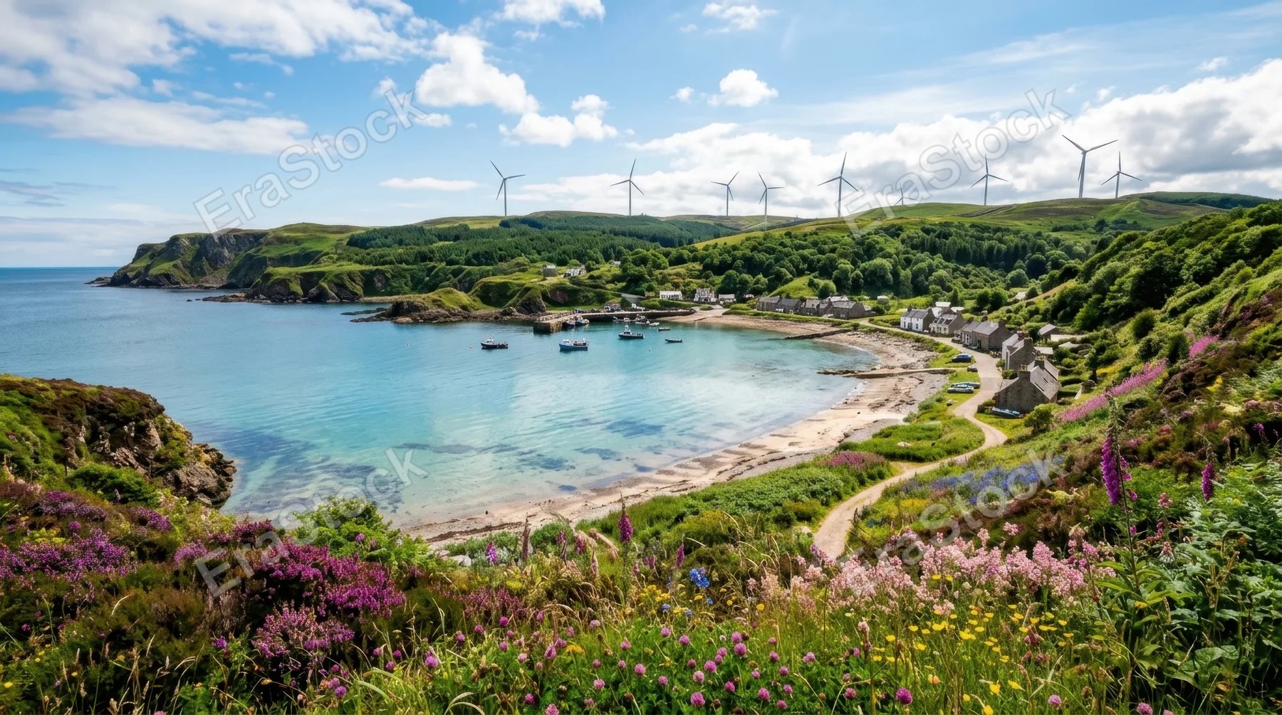 a wide view of a serene cove with crystal-clear waters reflecting bright sunlight, surrounded by lush greenery and a vibrant landscape of wildflowers in deep purple and