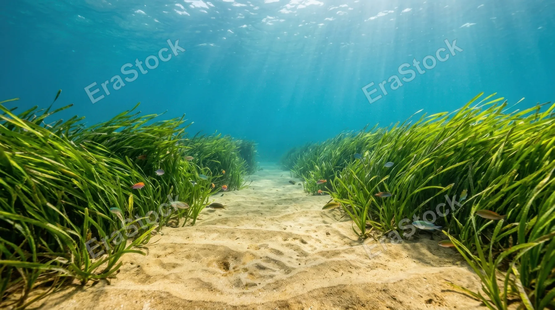 a serene underwater scene showcasing vibrant seagrass swaying gently with the current, framed symmetrically against the turquoise blue hues of the water and sandy gold