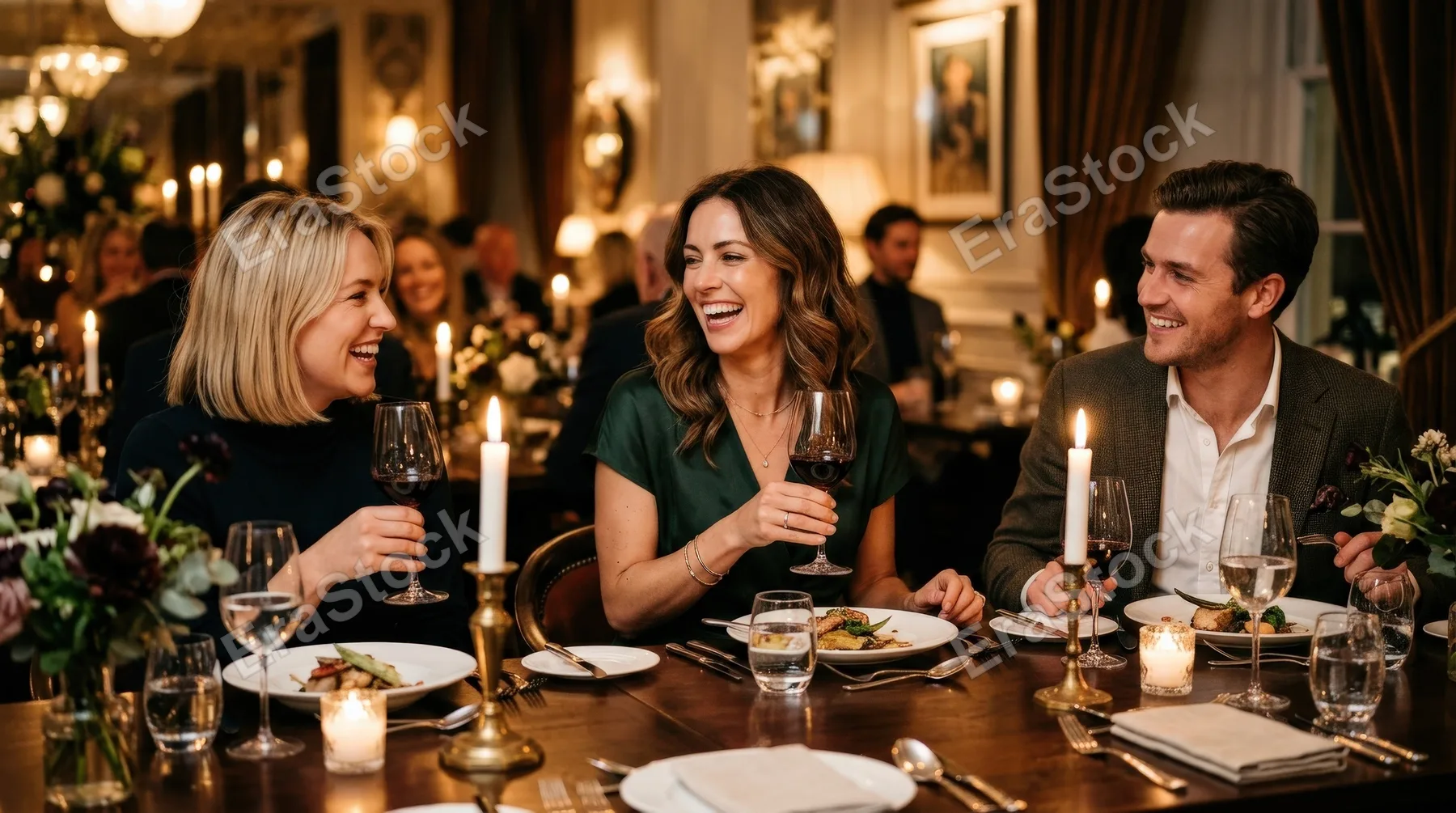 Happy woman having dinner with friends in a fine dining restaurant, elegant table setting, candle glow, polished glassware, stylish outfits, warm intimate ambiance, ultra-realistic, no logos.