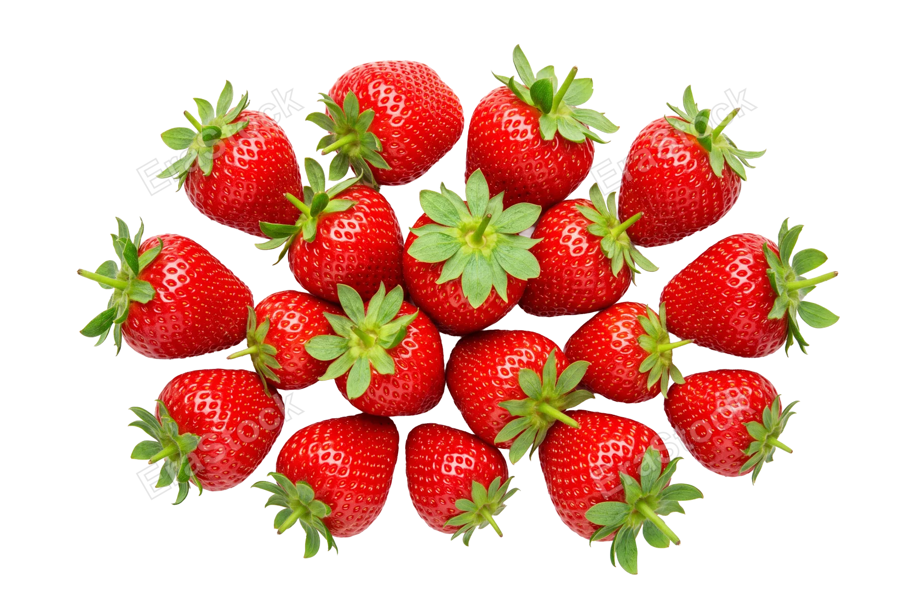 Fresh vibrant strawberries with glossy deep red skin and bright green leafy crowns, arranged in loose cluster showing natural surface dimples and seeds