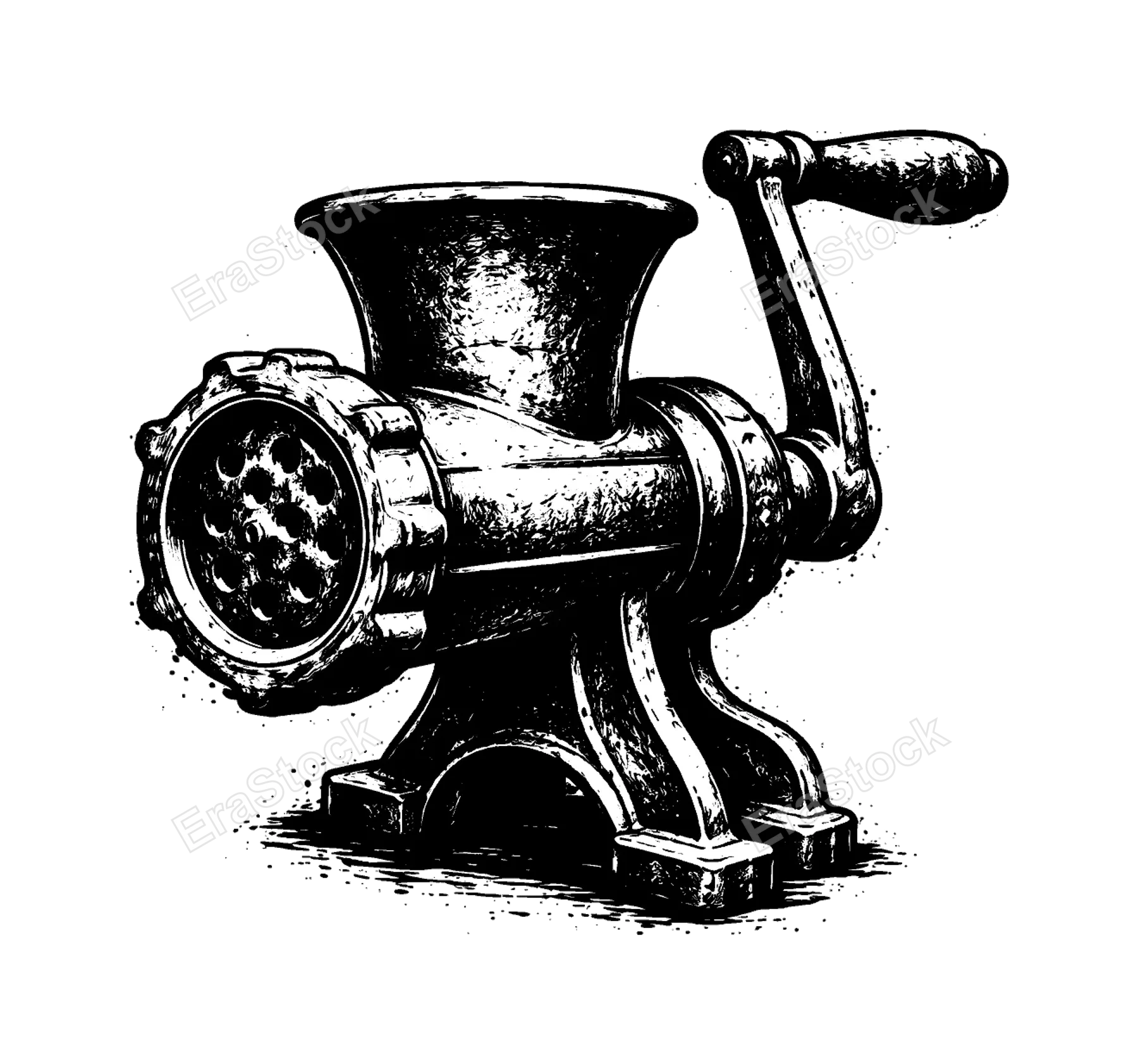 A heavy cast iron meat grinder shown in a three-quarter perspective, enlarged to fill most of the frame as a dense mechanical object on a pure white background, the