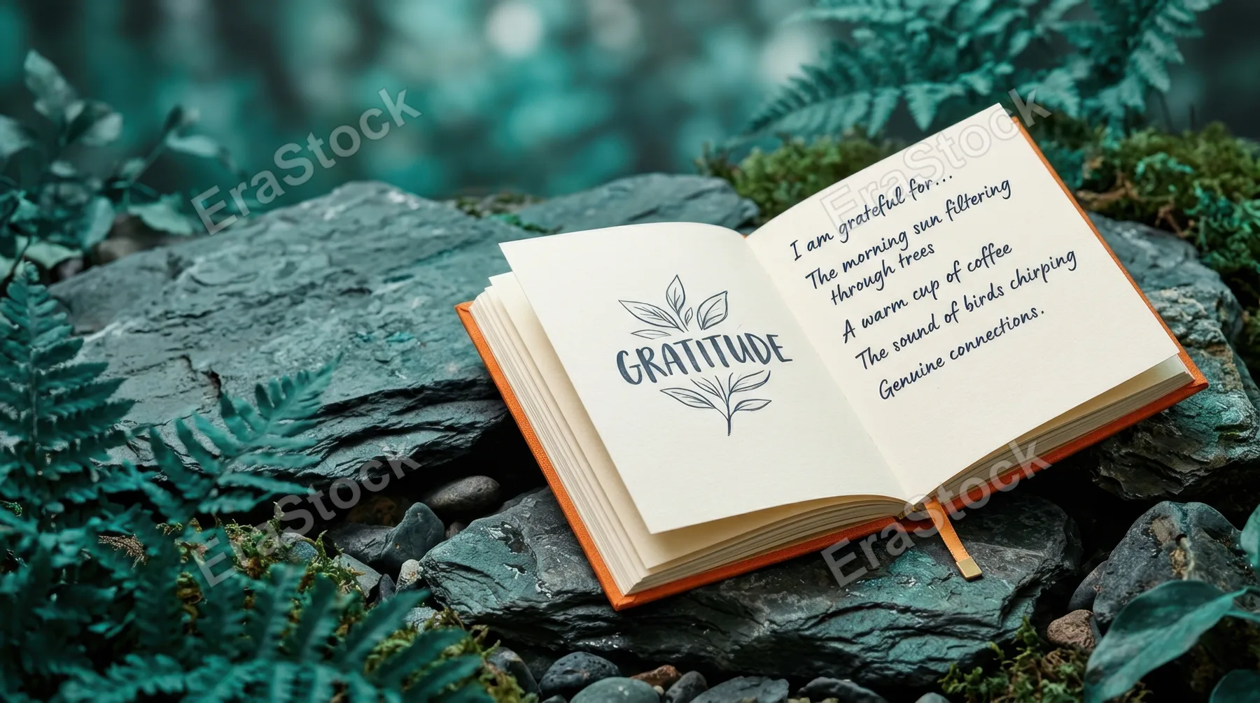 a striking commercial composition of the open gratitude journal, positioned dynamically on the flat stones with generous negative space surrounding it for text overlay