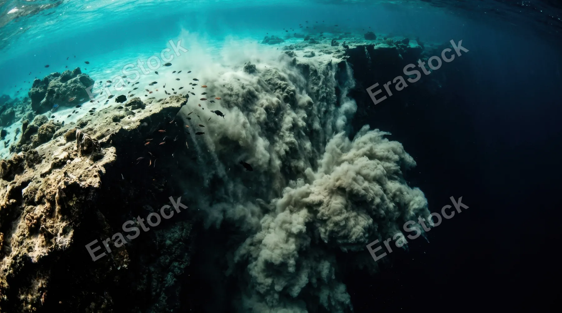 A massive underwater avalanche of sand cascading down the edge of a continental shelf into the abyss, the sediment cloud billowing outward as it falls into darkness, the