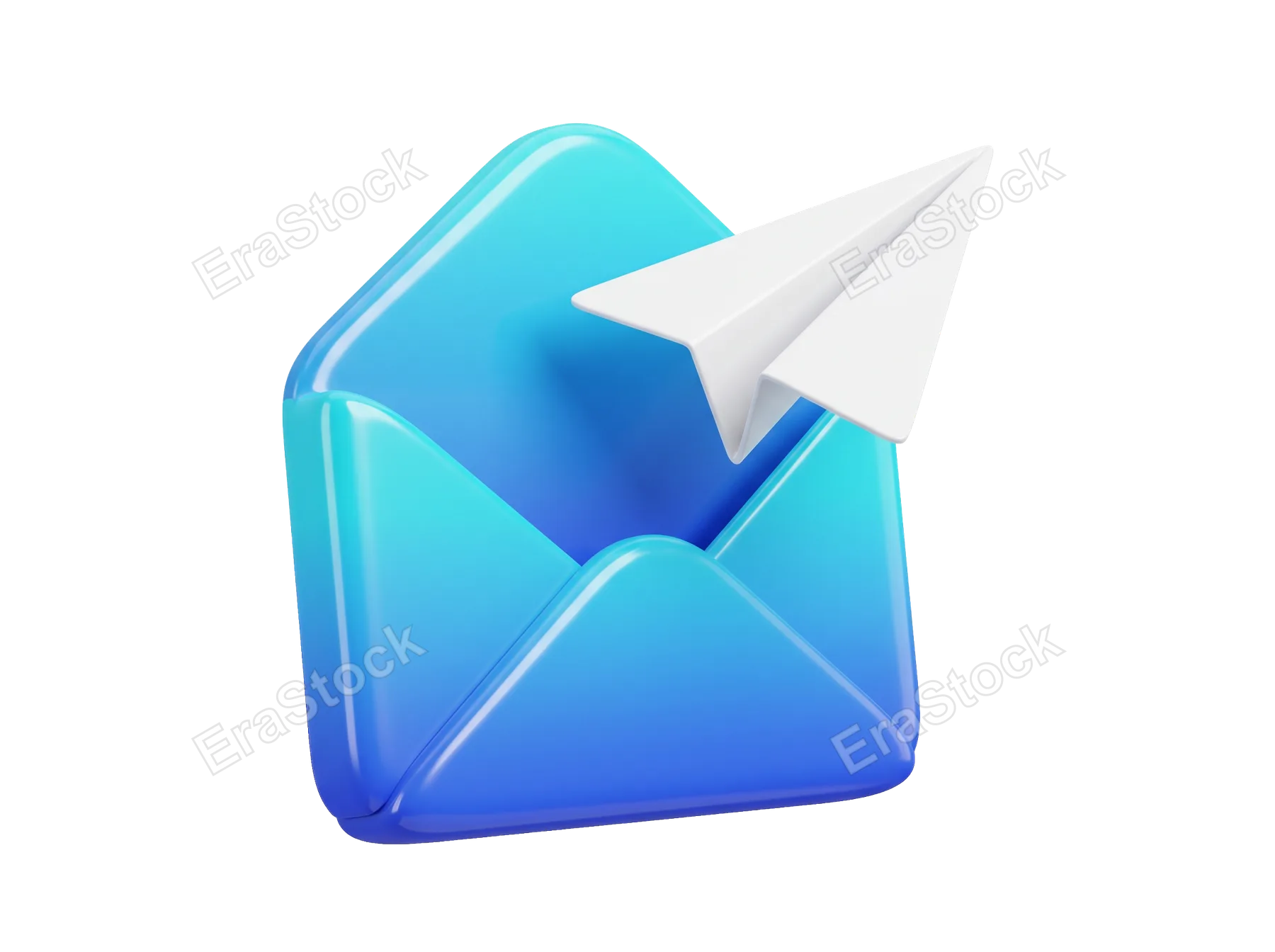 A stylized 3D render of an open blue envelope with a white paper airplane emerging, representing communication and sending mail