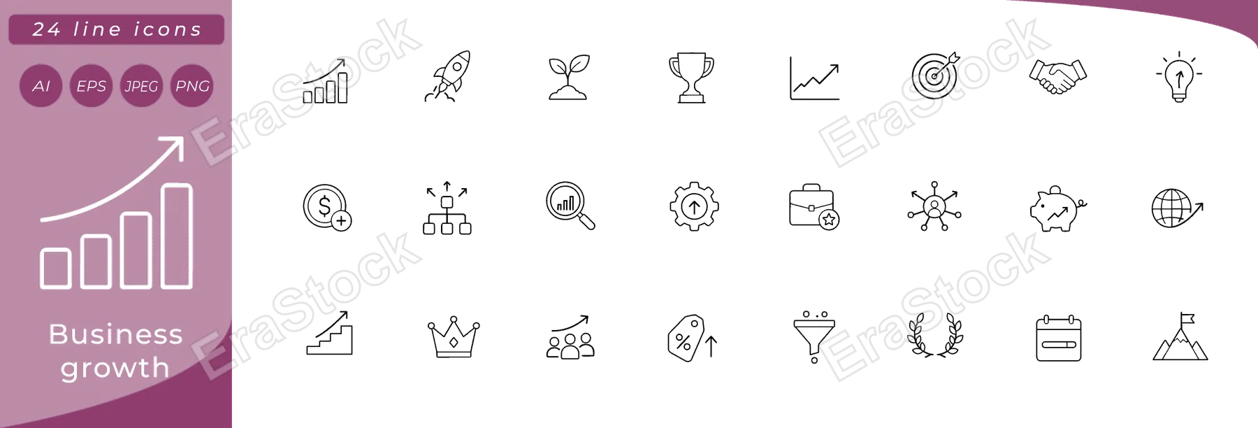 Business growth: upward bar chart, rocket launching, seedling sprouting, trophy cup, ascending line graph, target with arrow, handshake, lightbulb with upward arrow, coin with plus badge, org chart