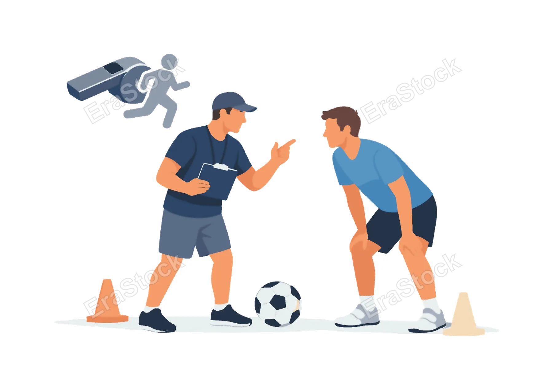 A coach guiding an individual during a sports training session, illustrating mentorship, skill development, and teamwork in athletic environments, a whistle paired with a