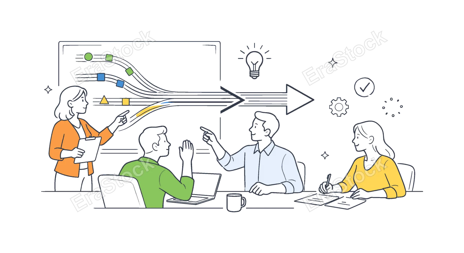 A clear workflow merging scenario where a team combines multiple parallel task streams into a single unified process during a planning session, centered around a visual