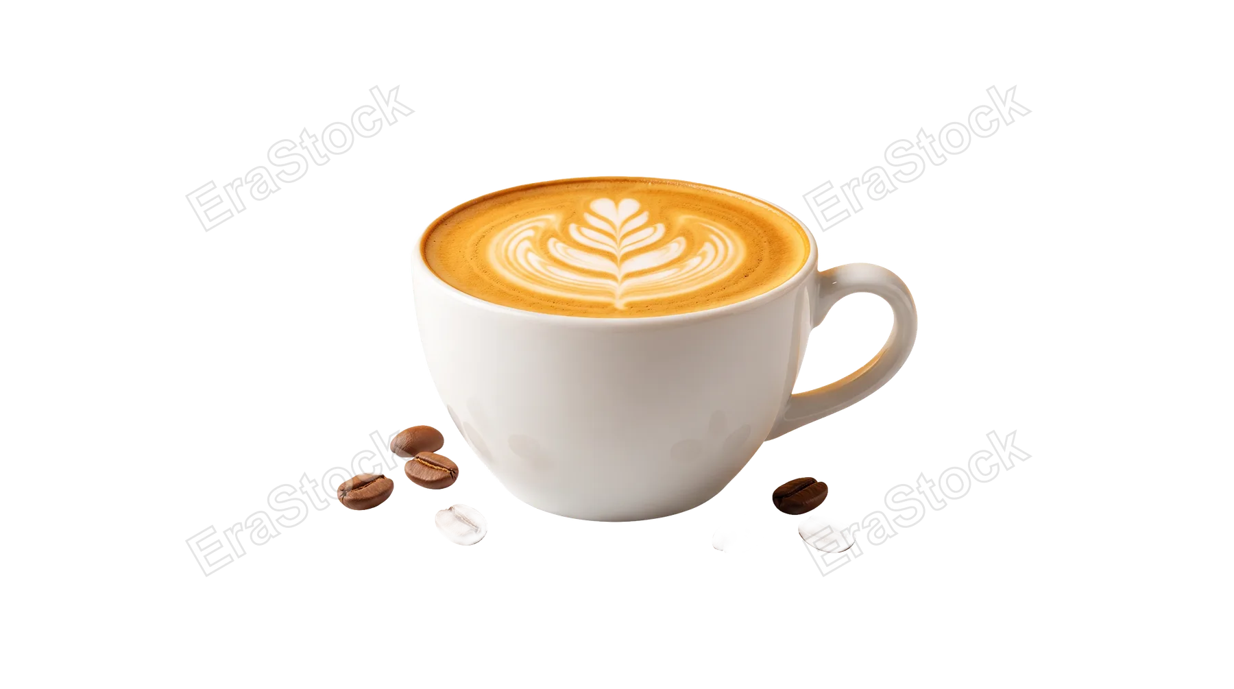 A white ceramic cup filled with a creamy latte, adorned with a delicate leaf pattern created by frothy milk, sits beside roasted coffee beans