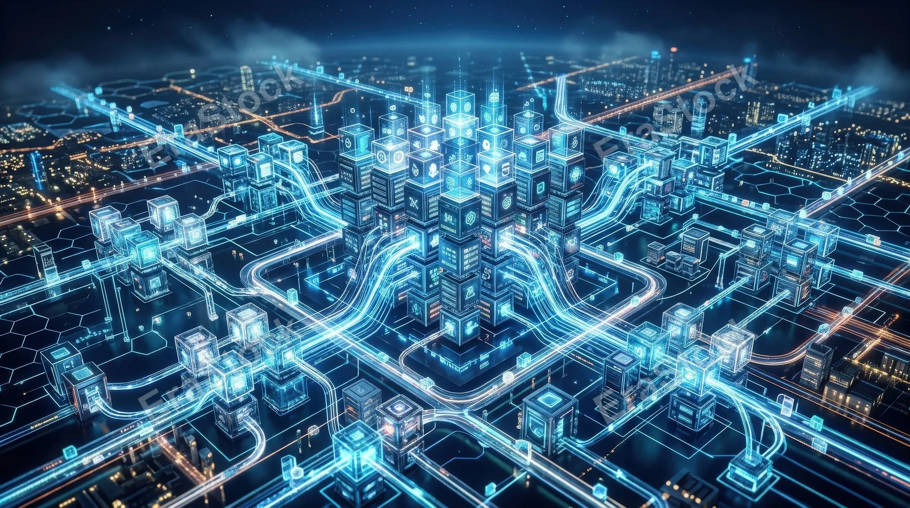 A dynamic isometric data network with glowing blocks and linked paths, advanced blockchain-server concept in clean futuristic blue, ultra-realistic, no logos.