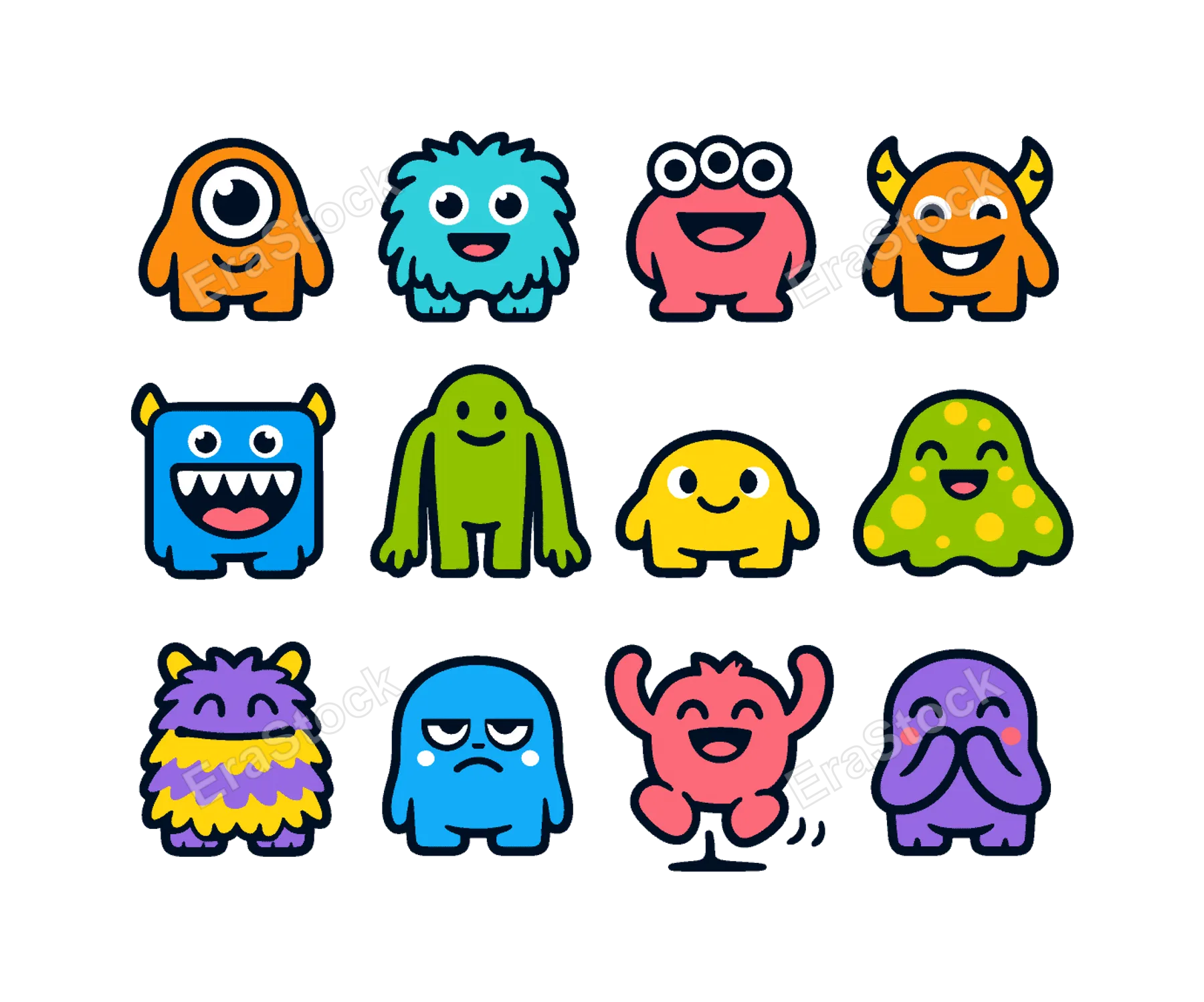 Cute monster characters: one-eyed monster, two-eyed fluffy monster, three-eyed round monster, horned smiling monster, square toothy monster, long arms monster, short legs monster