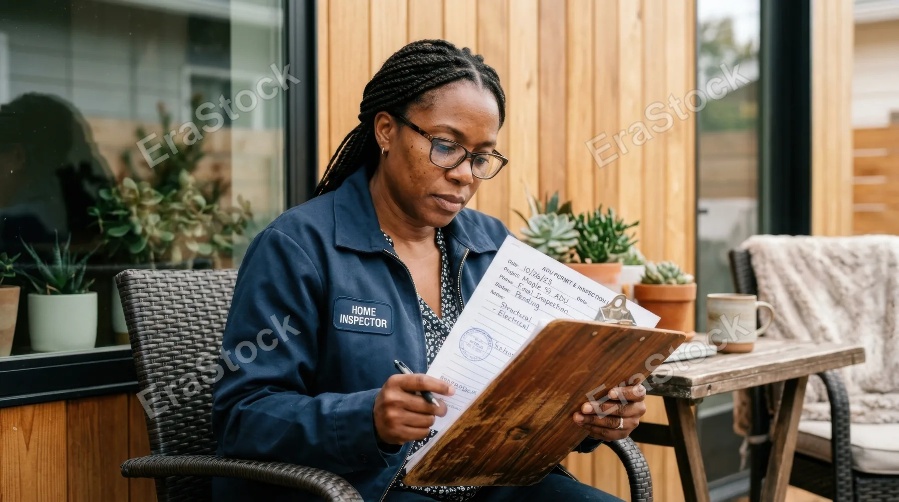 in a close-up shot, the 44-year-old black female home inspector focuses intently on the permit board while seated in a cozy rental patio. the texture of the board and