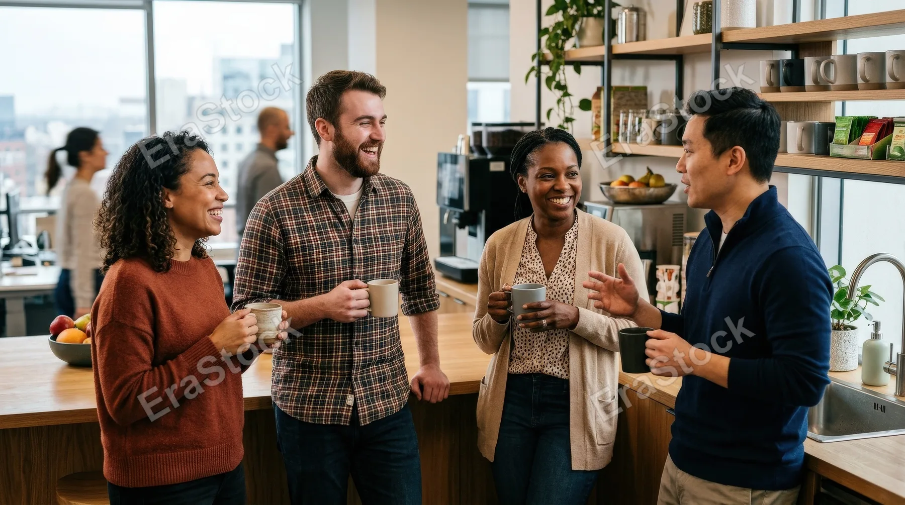 A group of coworkers chatting informally while enjoying coffee in the office kitchen, casual body language, bright communal space, warm tones, sociable and friendly mood, ultra-realistic, no logos.