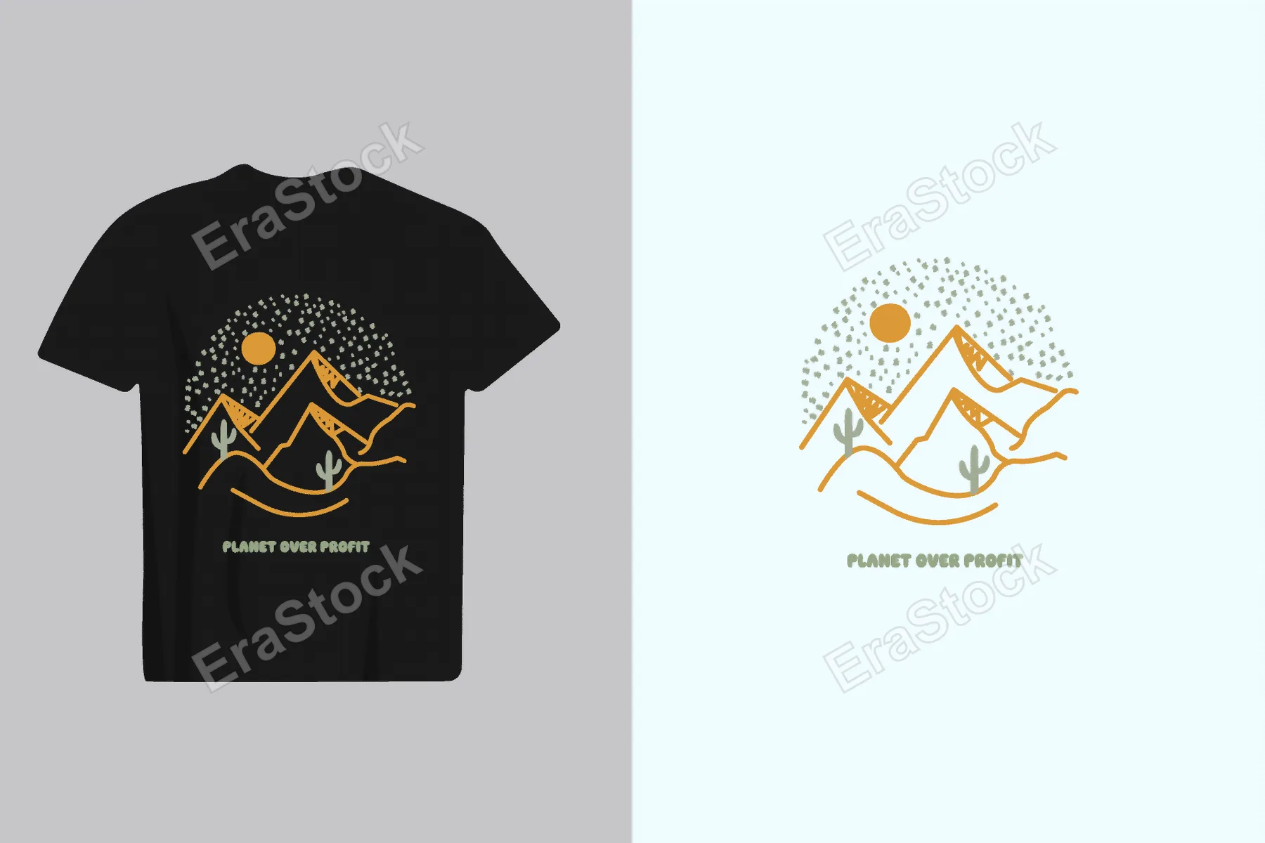 A minimalist graphic design featuring a desert scene with mountains, a sun, and cacti, conveying a message of environmental protection
