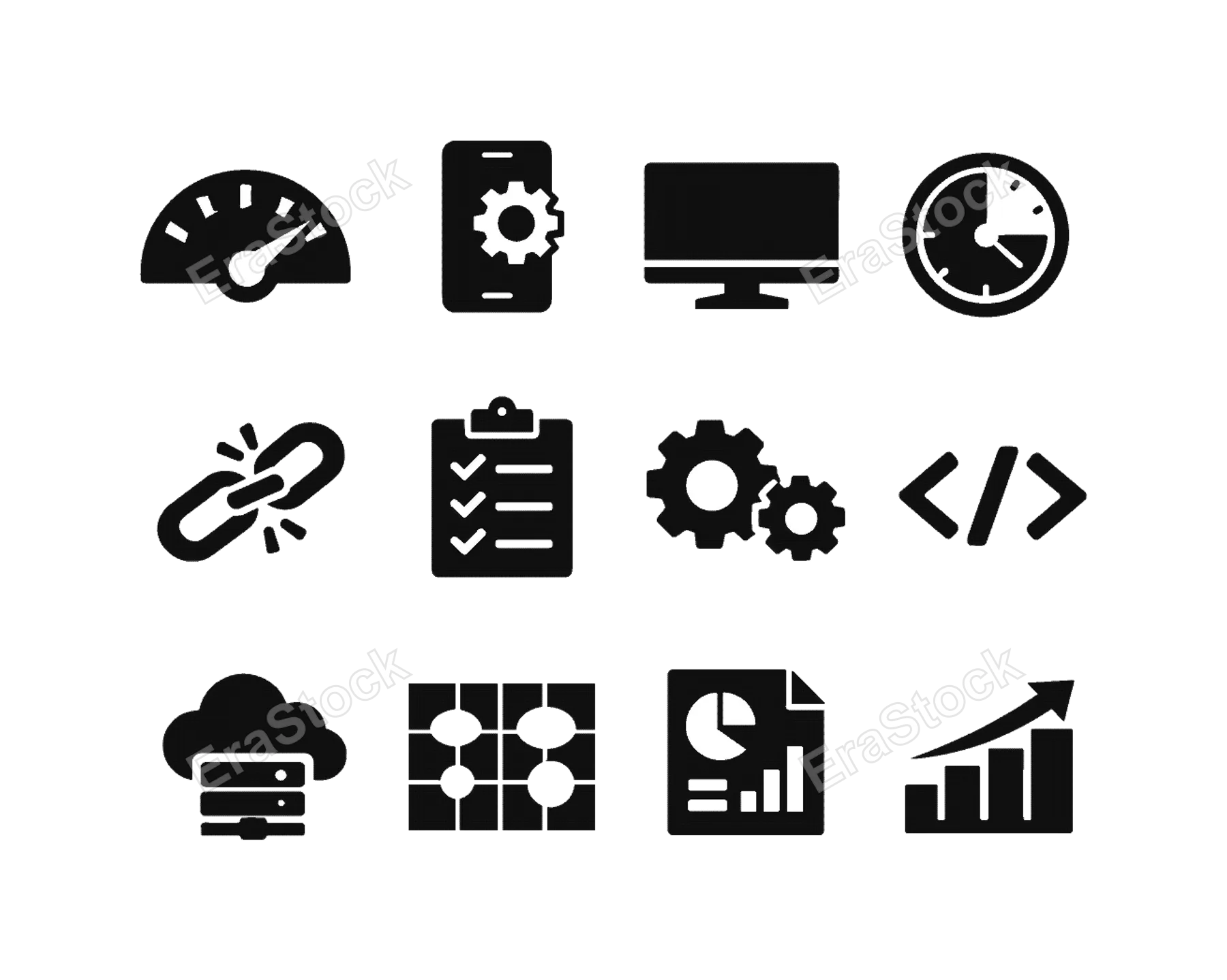 SEO tools and performance: speedometer gauge, mobile phone optimization, desktop monitor, page loading clock, broken link, audit checklist, gear settings, code brackets,