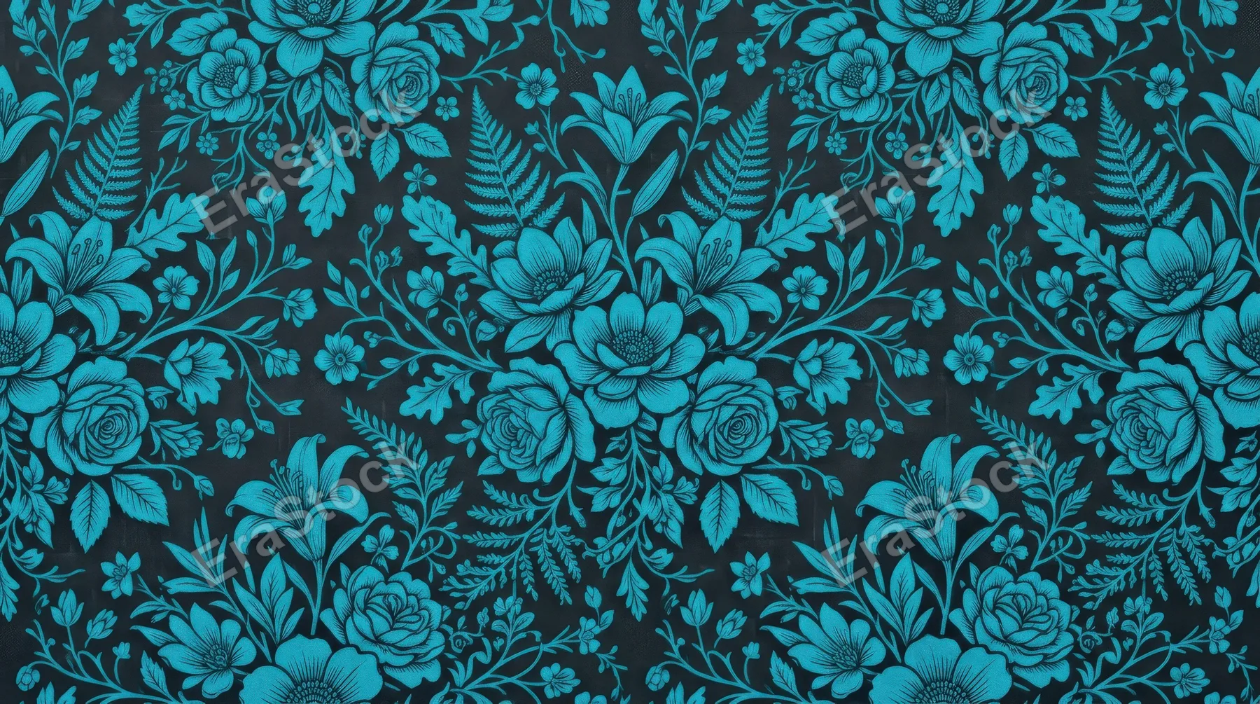 A floral cyan silhouette pattern with layered blossoms and botanical forms, crisp contrast, rhythmic composition and refined artistic mood, ultra-realistic, no logos.