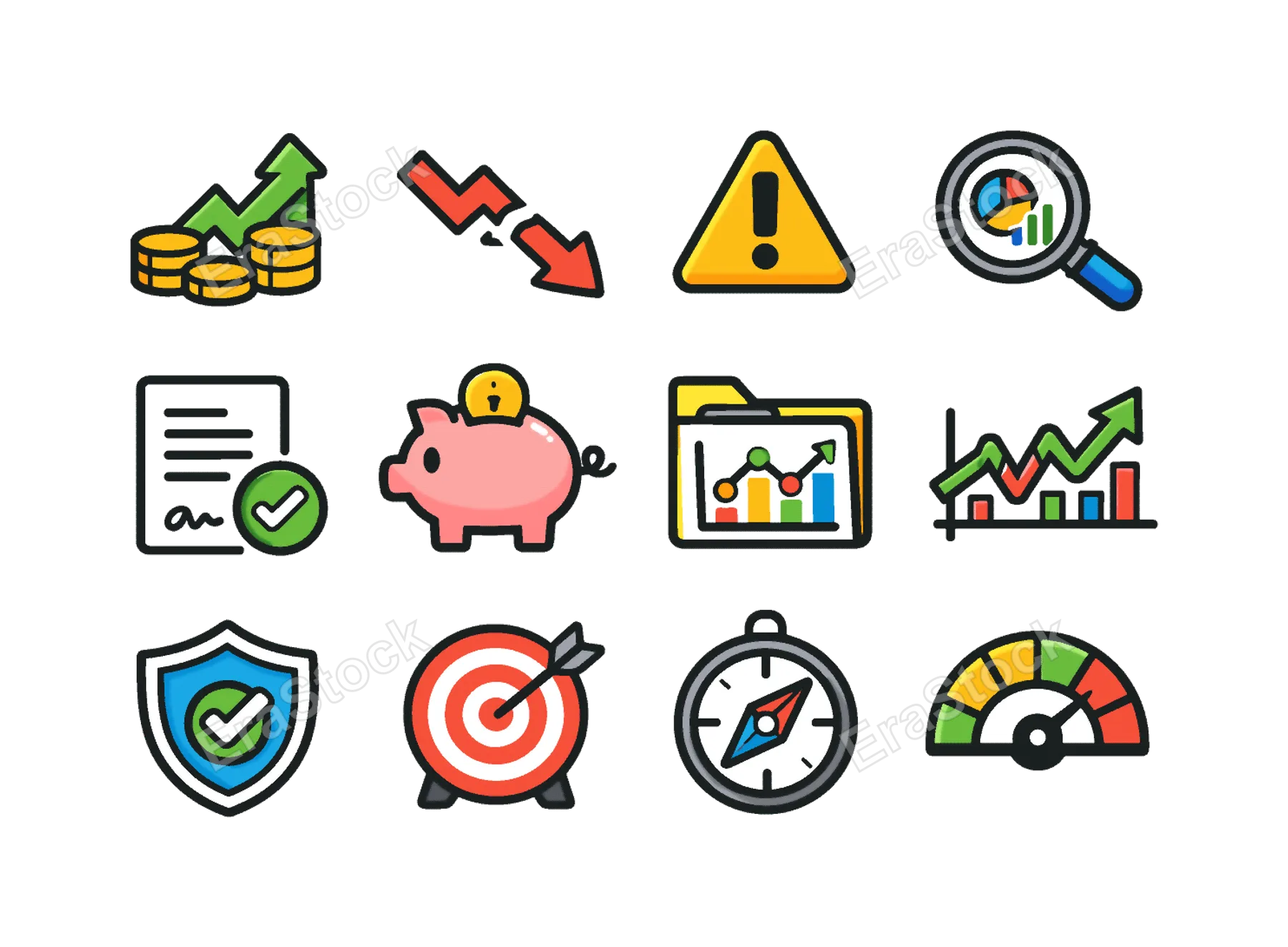 Financial risk and results: gain arrow with coin, loss arrow with broken line, warning triangle finance, audit magnifying glass, contract document sheet, savings piggy bank