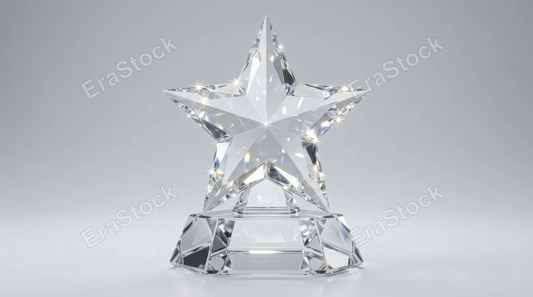 A star-shaped crystal trophy isolated on a plain background, faceted glass shine and refined award-like brilliance, celebratory premium mood, ultra-realistic, no logos.