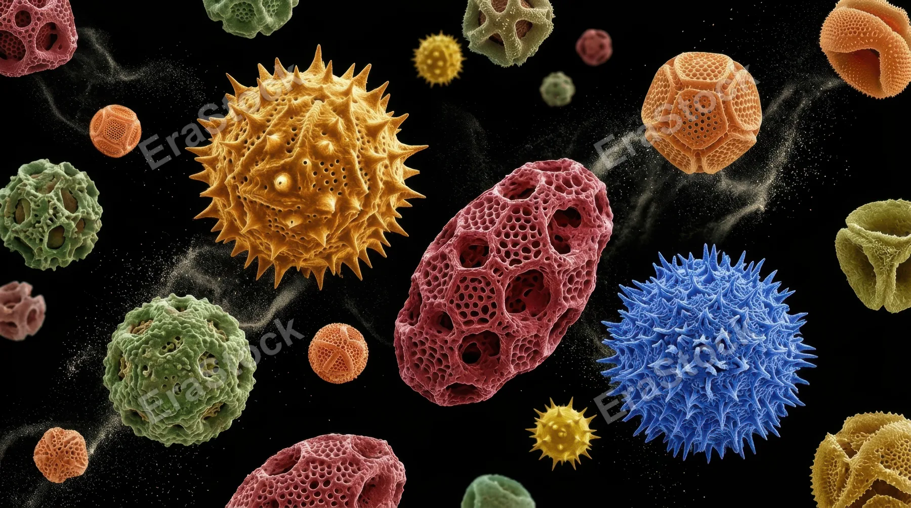A microscopic world of pollen grains magnified thousands of times, each grain a unique alien architecture of spikes, pores and geometric shells in vivid golden, crimson