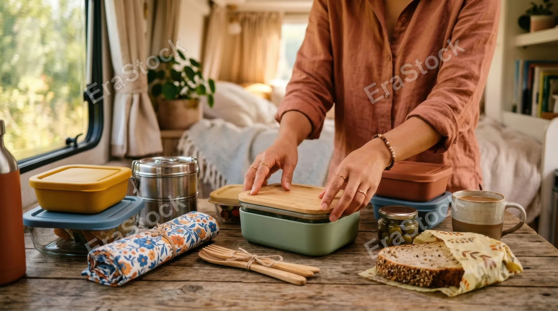 close-up on the 35-year-old asian female remote worker's hands as she arranges colorful sustainable containers and picnic items on a wooden table inside her campervan.