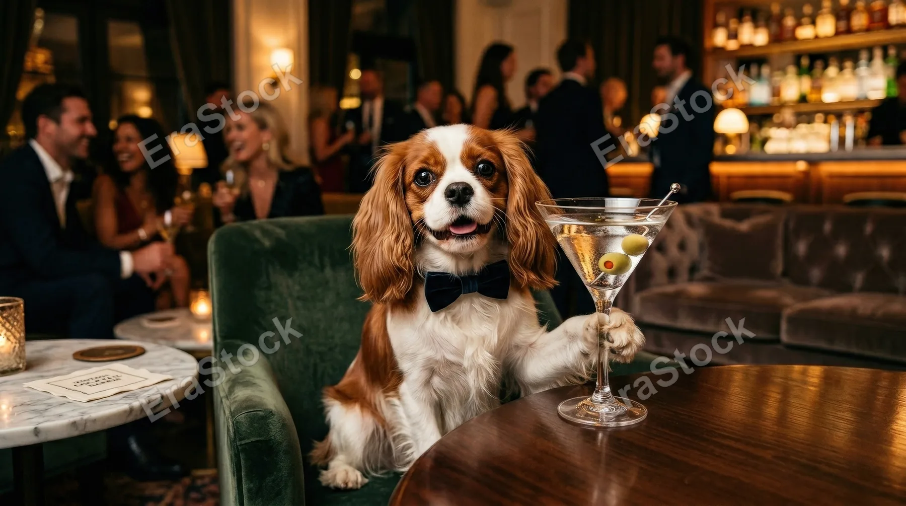 A dog holding a martini glass in a playful lounge scene, glossy glass reflections, humorous expression and chic party mood, ultra-realistic, no logos.