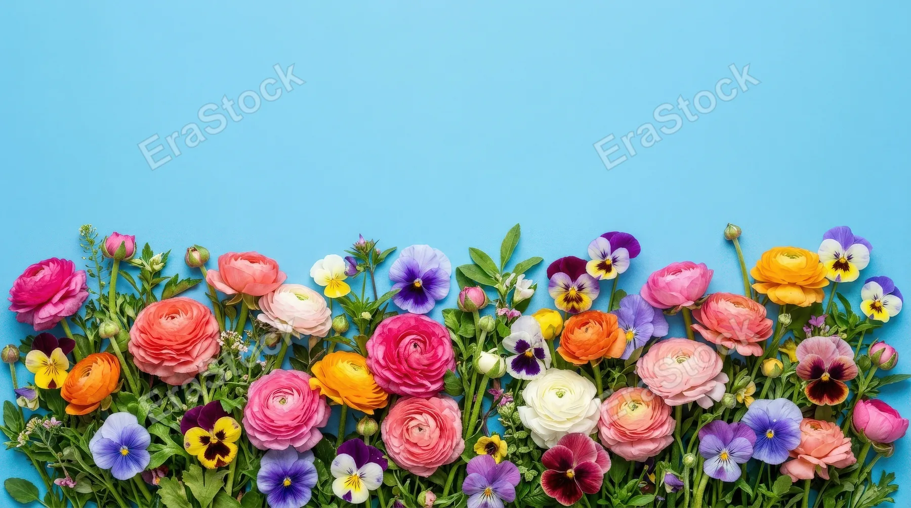 A colorful bottom floral border of ranunculus and pansy flowers on a blue background, dense spring arrangement with bright petals and copy space above, ultra-realistic, no logos.
