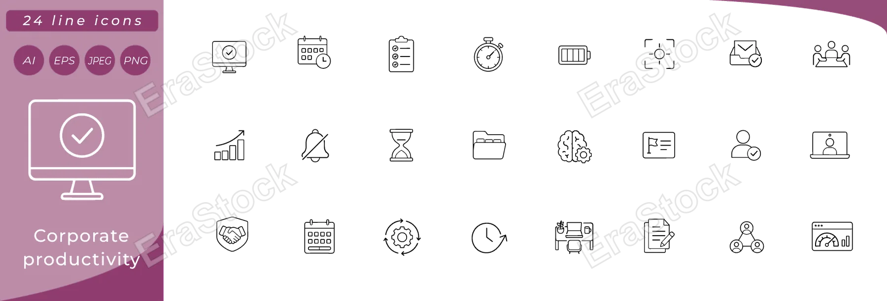 Corporate productivity: desktop monitor with checkmark, calendar with clock, task list clipboard, stopwatch, battery fully charged, focus target, email inbox with tick, meeting people around table