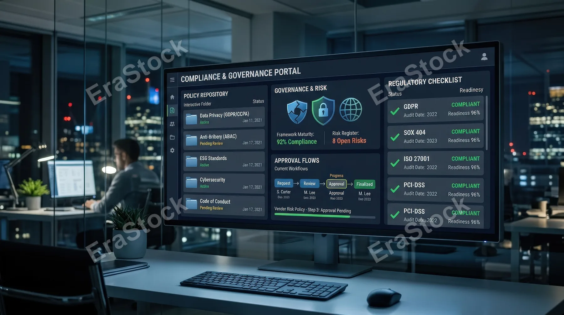 A digital compliance dashboard with policy folders, secure governance symbols, approval flows and regulatory checkmarks, cool professional lighting, transparent efficient corporate atmosphere,