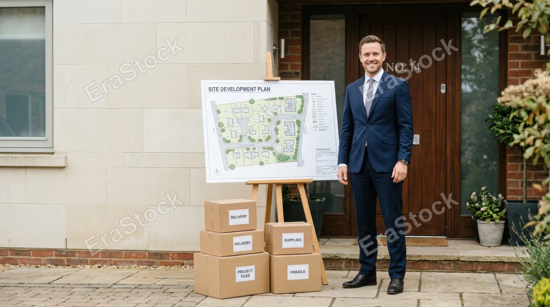 a graphic commercial shot showcases the businessman standing beside the site plan on the doorstep, surrounded by neatly arranged boxes. the composition is bold and clean