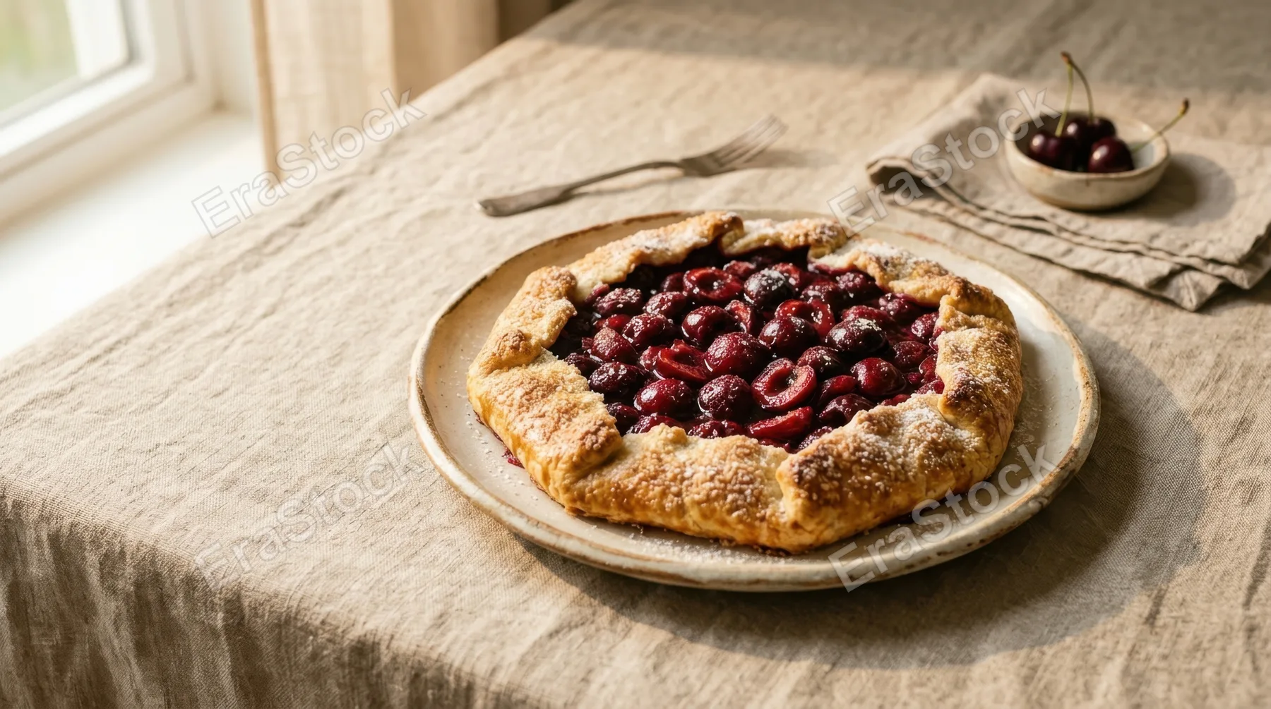 a bold, clean composition featuring the cherry galette on a textured linen tablecloth with generous negative space surrounding it, optimized for advertising. the golden