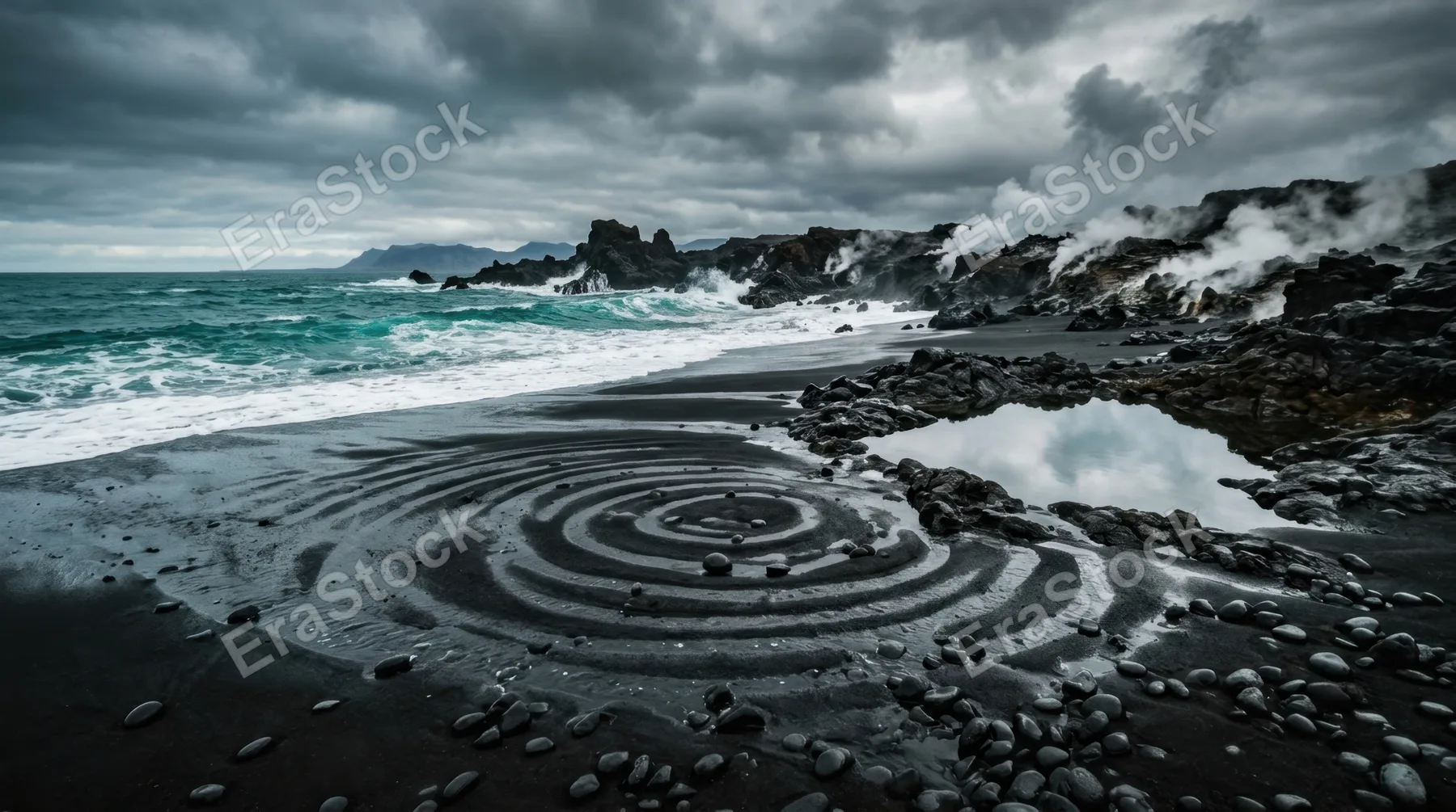A volcanic black sand beach at low tide, perfectly smooth obsidian pebbles arranged by retreating waves into natural concentric patterns, steaming fumarole vents